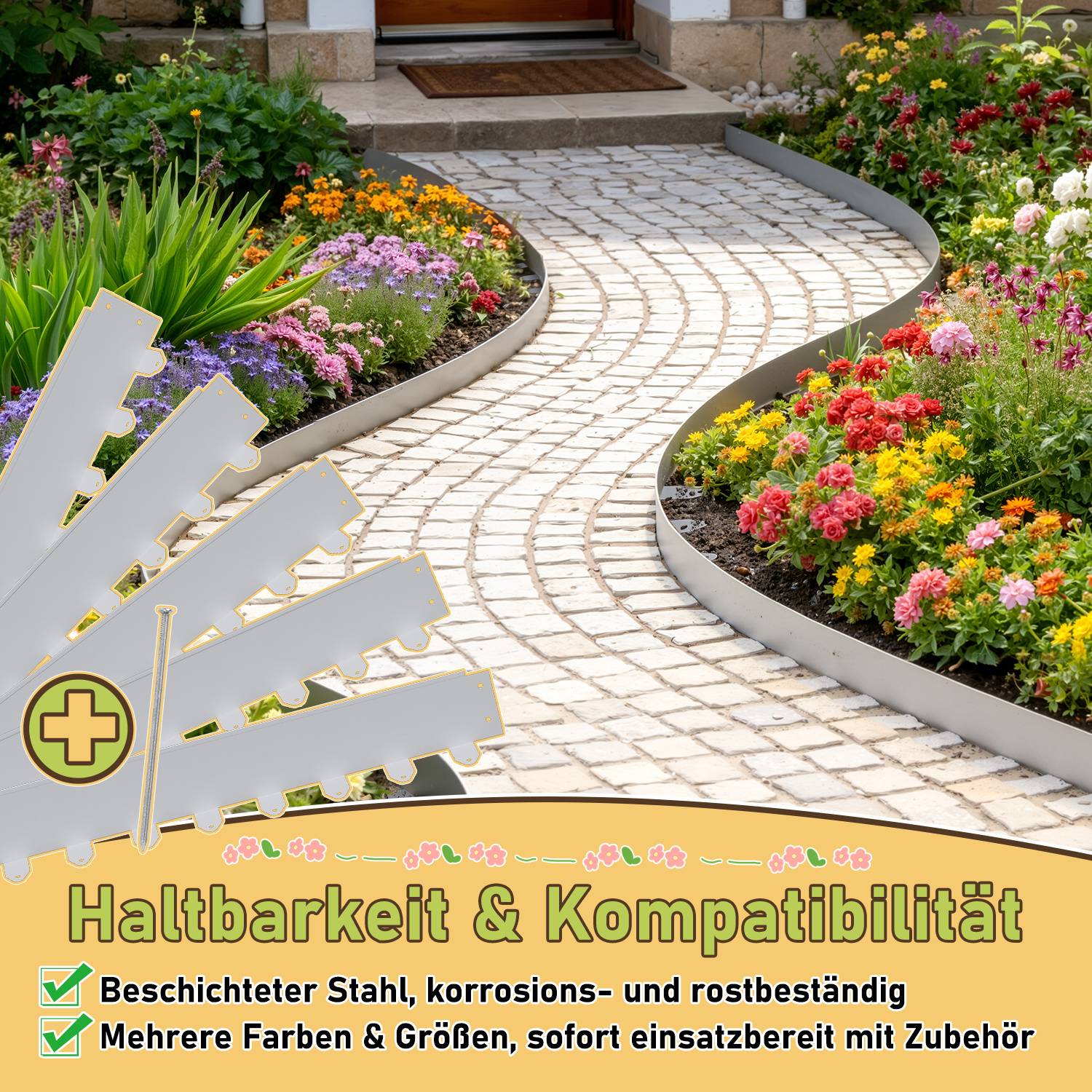 Flexible Rasenkante 100x10 cm, 5m Set (5 Stück) - Mähkante & Beetumrandung aus Stahl, inkl. Befestigungsheringe für Pflastersteine & Gartengestaltu