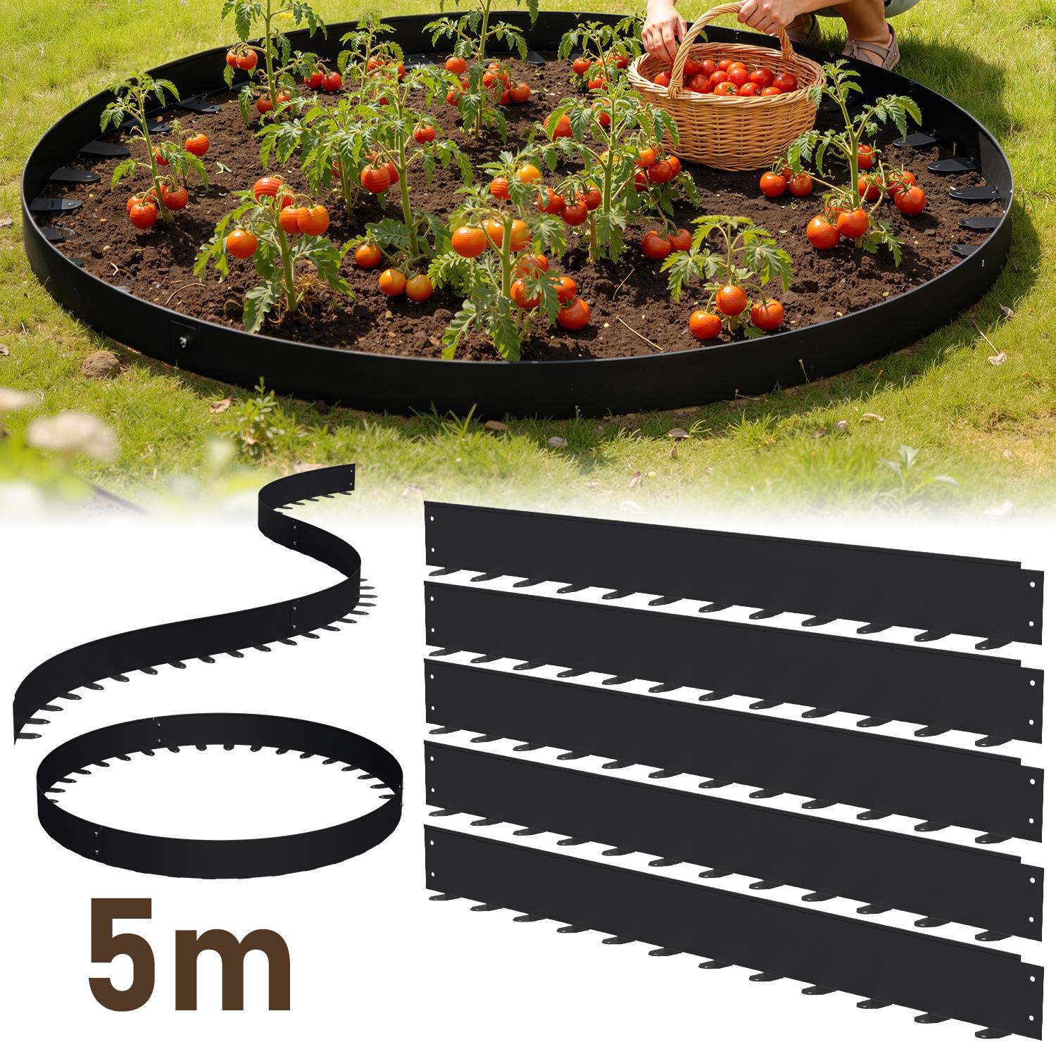 Flexible Rasenkante 100x10 cm, 5m Set (5 Stück) - Mähkante & Beetumrandung aus Stahl, inkl. Befestigungsheringe für Pflastersteine & Gartengestaltu