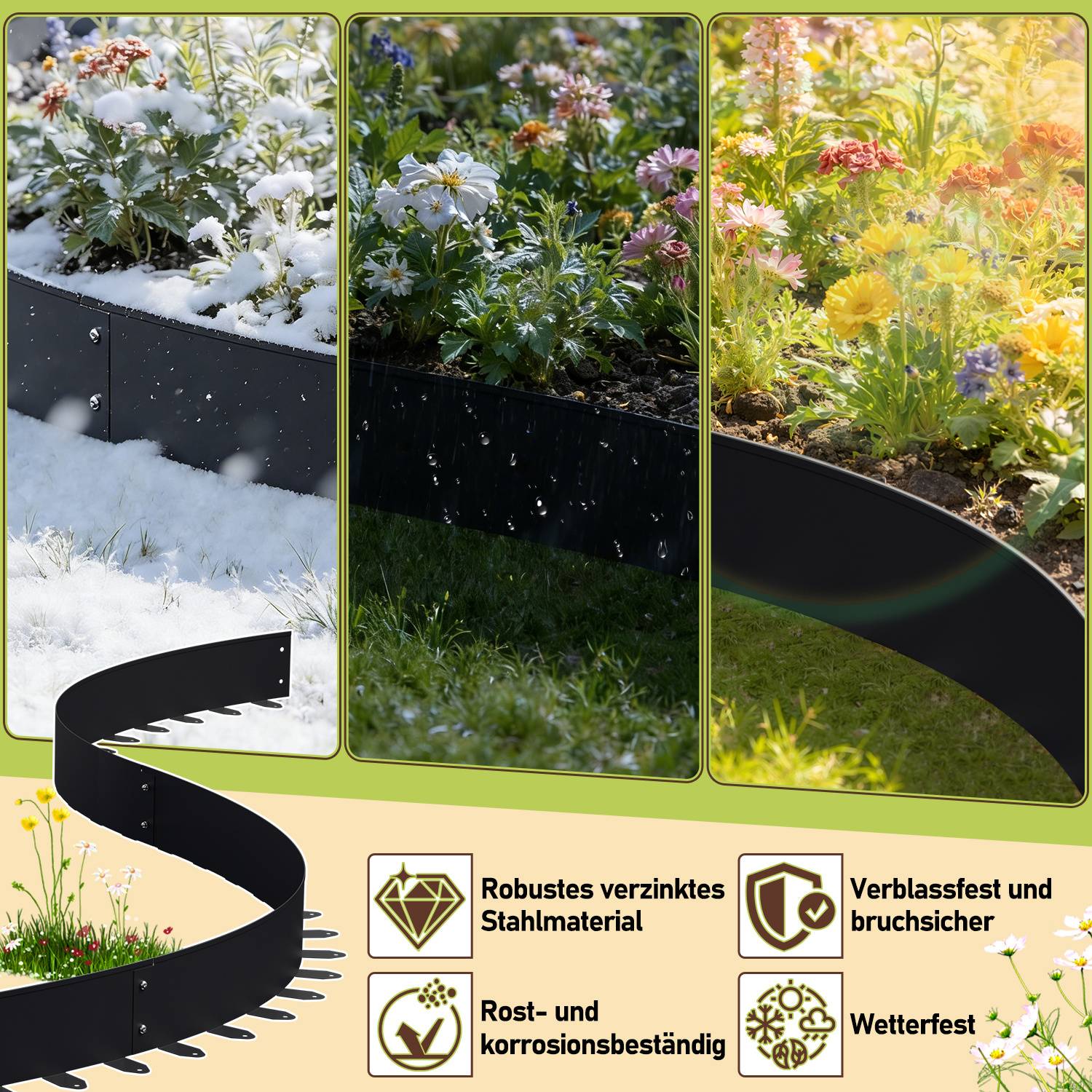 Flexible Rasenkante 100x10 cm, 5m Set (5 Stück) - Mähkante & Beetumrandung aus Stahl, inkl. Befestigungsheringe für Pflastersteine & Gartengestaltu