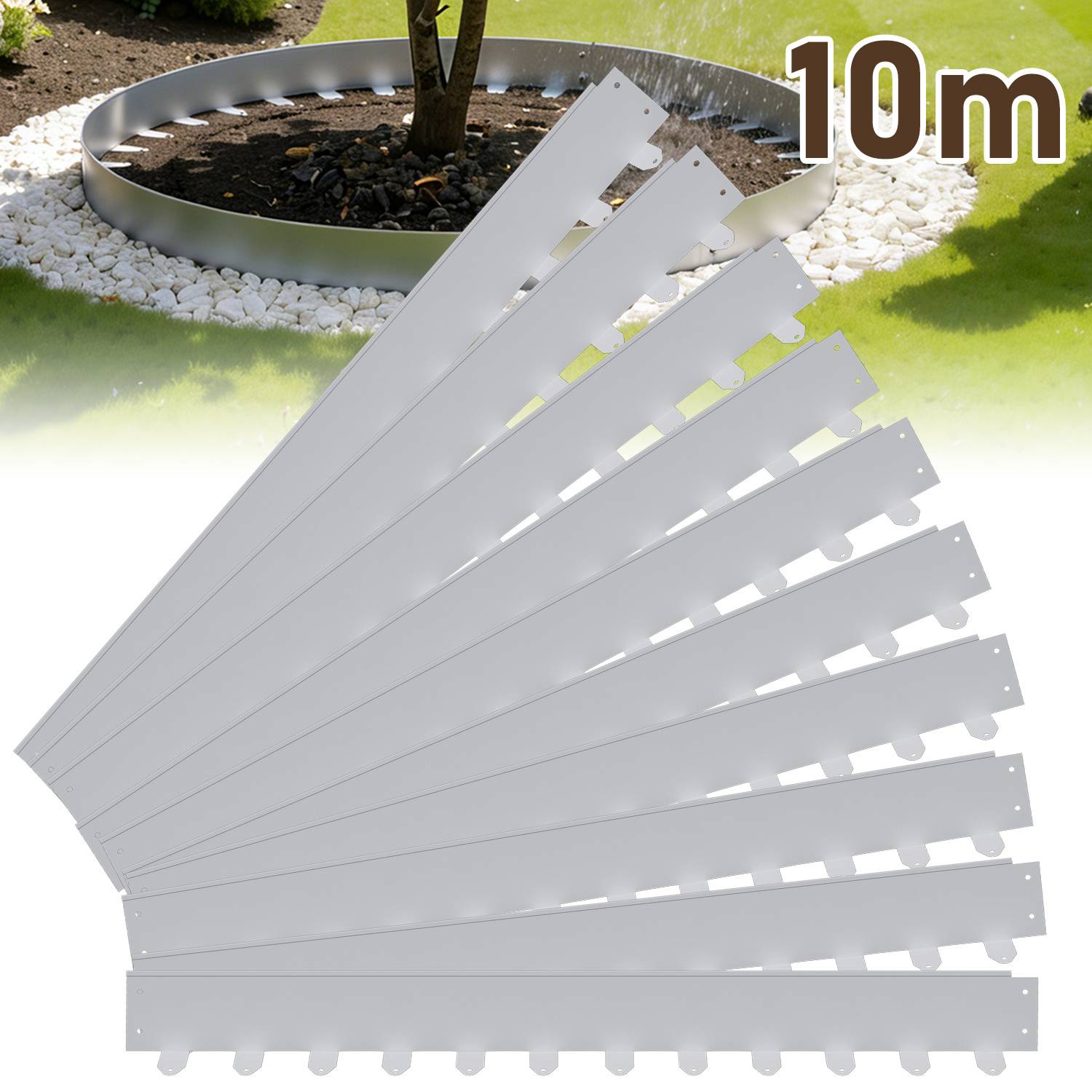 Flexible Rasenkante 100x5 cm, 10m Set (10 Stück) - Mähkante & Beetumrandung aus Stahl, inkl. Befestigungsheringe für Pflastersteine & Gartengestalt