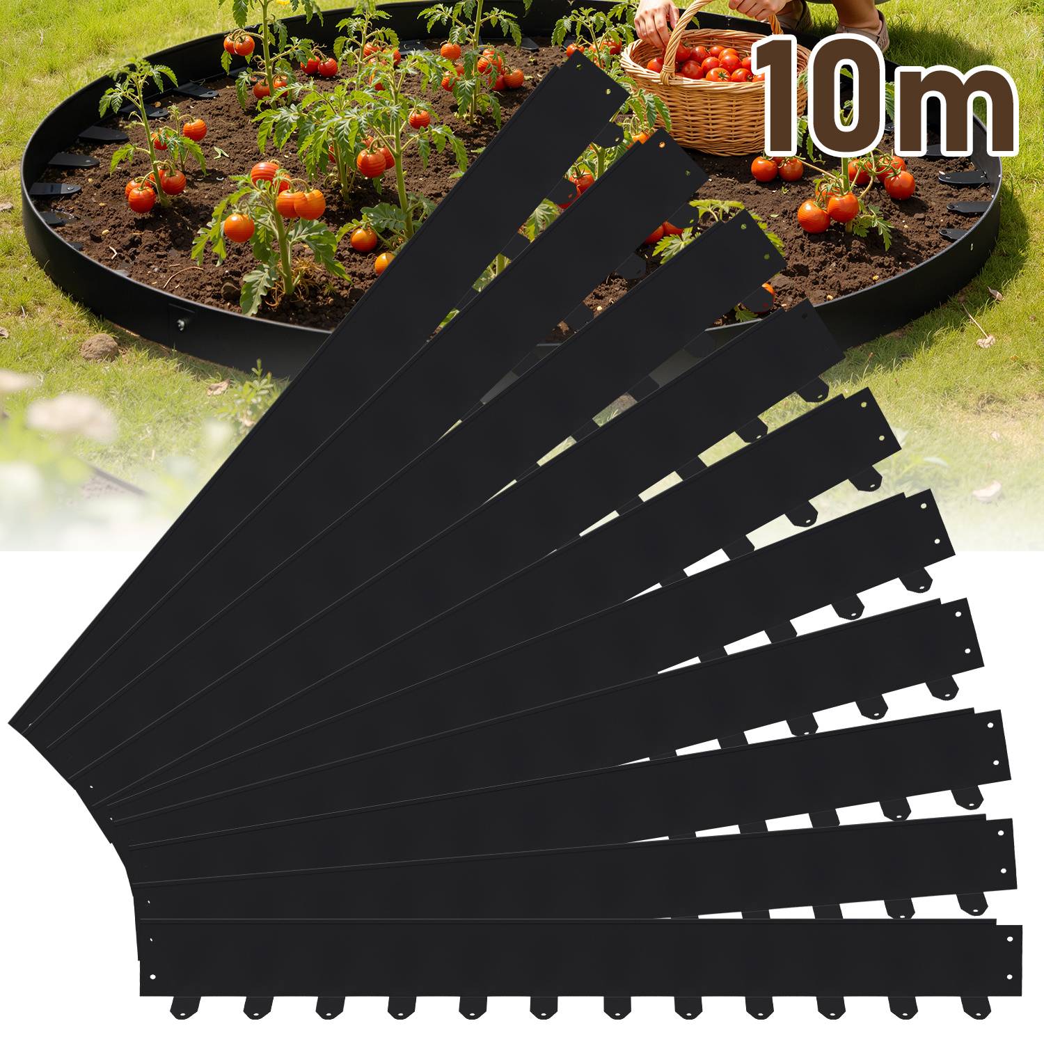 Flexible Rasenkante 100x10 cm, 10m Set (10 Stück) - Mähkante & Beetumrandung aus Stahl, inkl. Befestigungsheringe für Pflastersteine & Gartengestal