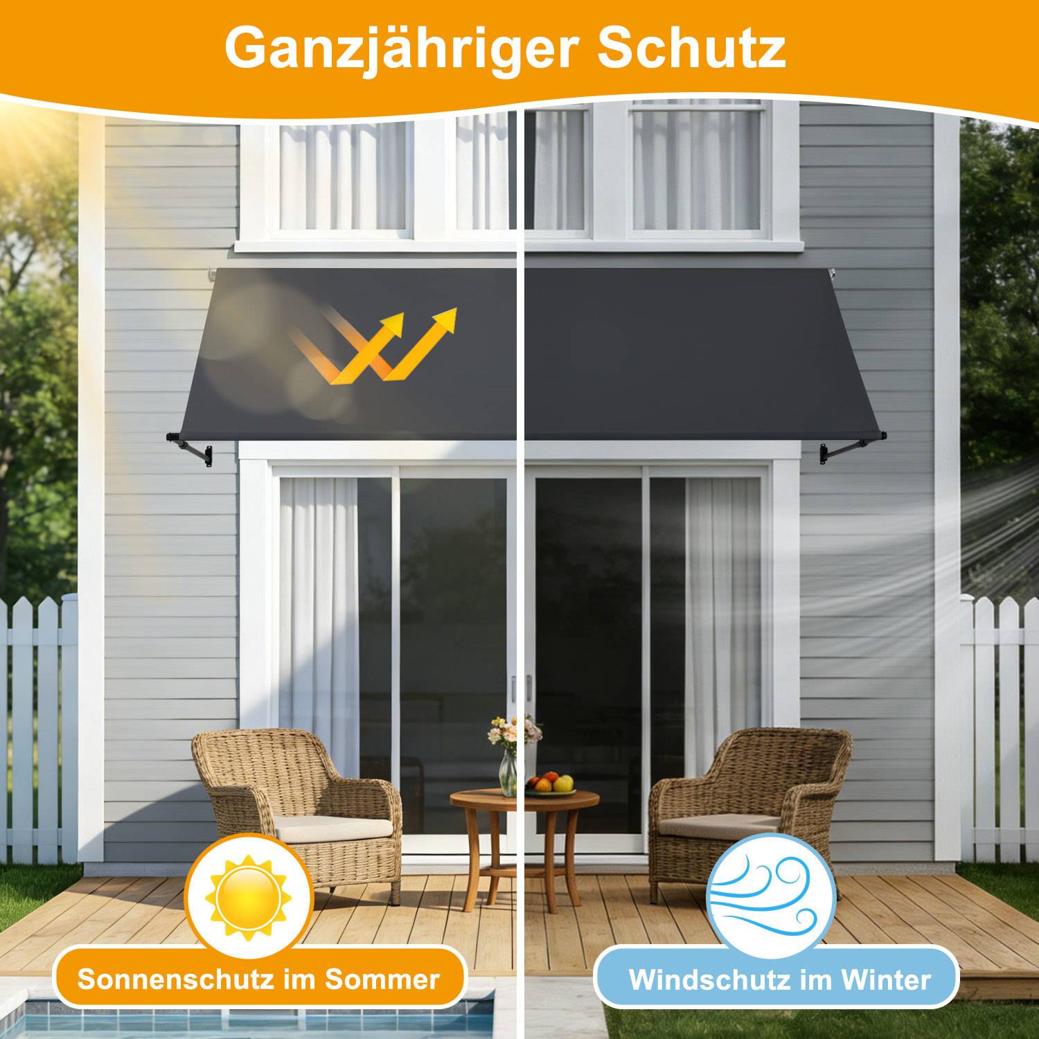 Markise Einziehbar Fenstermarkise Balkonmarkise Anthrazit 250 x 150 cm mit Kordel Stoff und Stahl