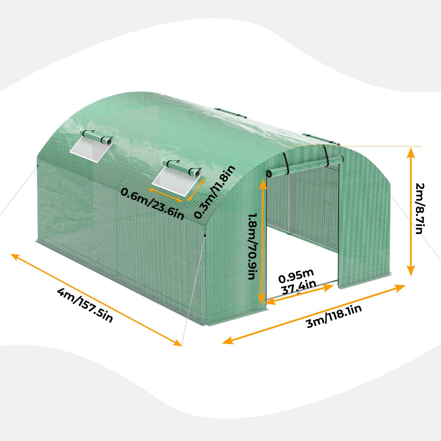 300x400x200 cm Foliengewächshaus Winterfest Gewächshaus mit 25mm Stahlrahmen, 140g/m² PE UV50+ Abdeckung, 4 Fenster & 2 Türen, Tomatenhaus mit Erd