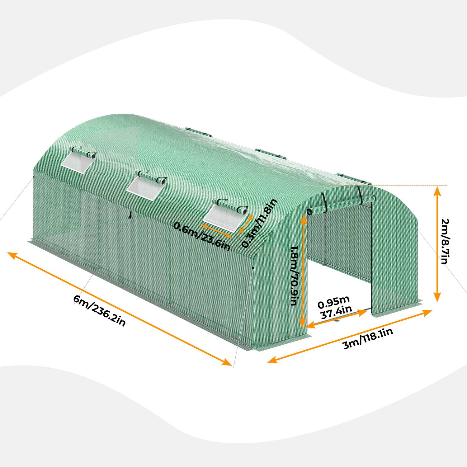 300x600x200 cm Foliengewächshaus Winterfest mit verstärktem Stahlgestell, 6 Fenster & 2 Türen, 140g/m² PE UV-beständig, Tomaten Gewächshaus mit