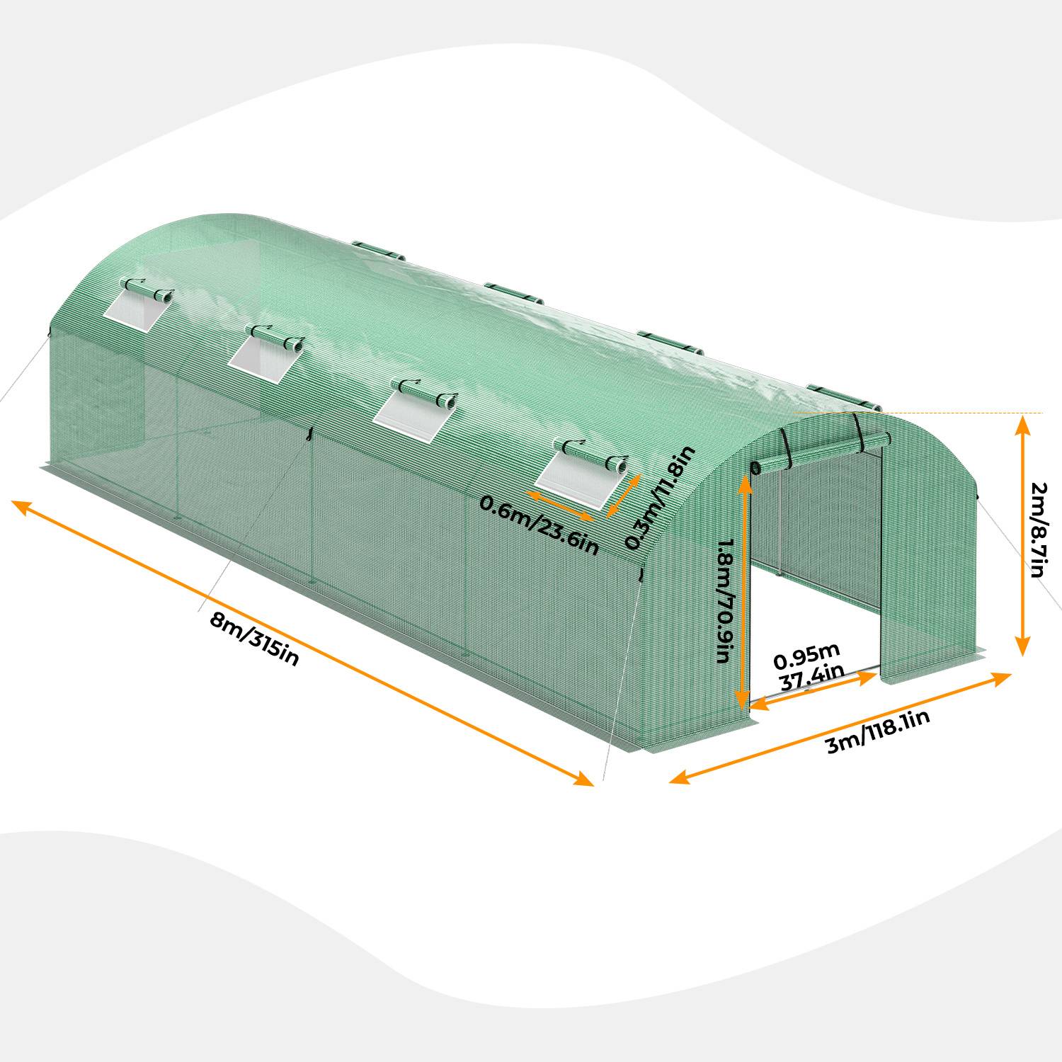 300x800x200 cm Foliengewächshaus Winterfest mit extra stabilem Stahlrahmen, 8 Fenster & 2 Reißverschlusstüren, 140g/m² PE UV50+, Tomaten Gewächsh