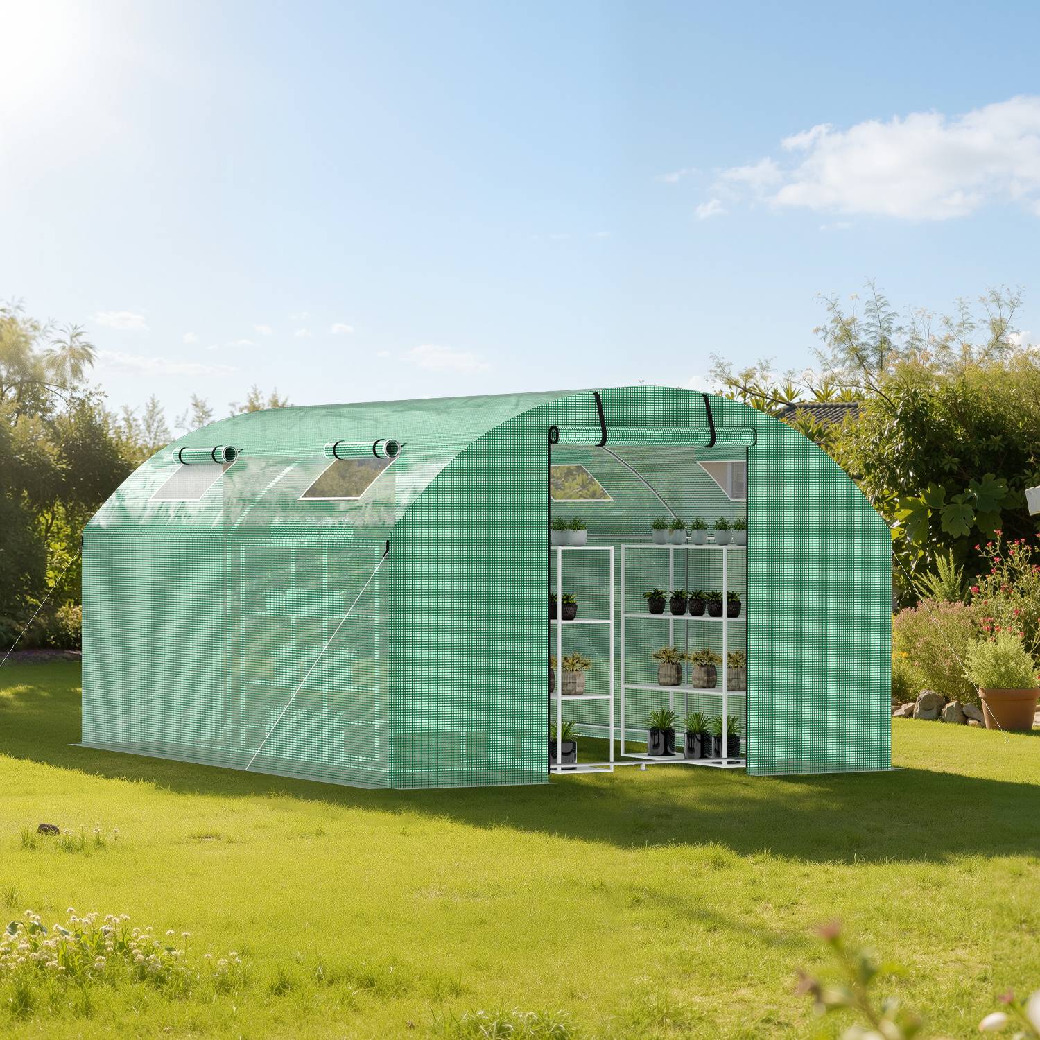 Gewächshaus Foliengewächshaus mit Verzinktrohrfundament 3 × 4 m - 12 m² inkl. Erdanker & 4 Aufrollbare Fenster mit Moskitonetz & 140 g/m² UV-best