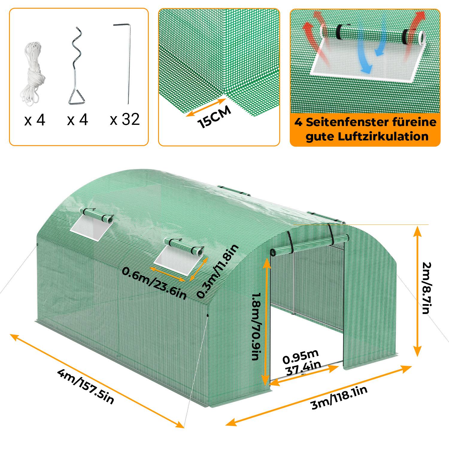 Gewächshaus Foliengewächshaus mit Verzinktrohrfundament 3 × 4 m - 12 m² inkl. Erdanker & 4 Aufrollbare Fenster mit Moskitonetz & 140 g/m² UV-best