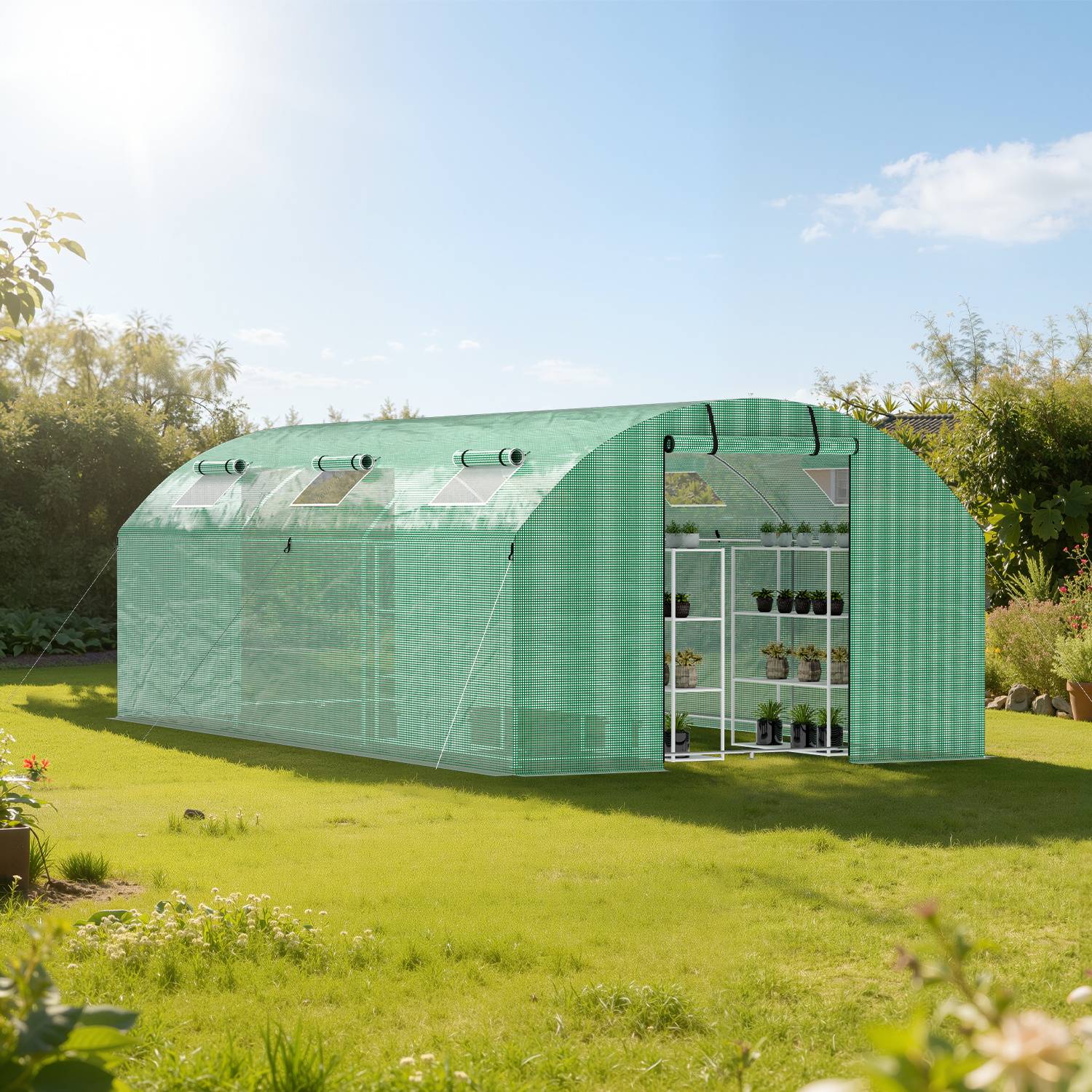 Gewächshaus Foliengewächshaus mit Verzinktrohrfundament 3 × 6 m - 18 m² inkl. Erdanker & 6 Aufrollbare Fenster mit Moskitonetz & 140 g/m² UV-best