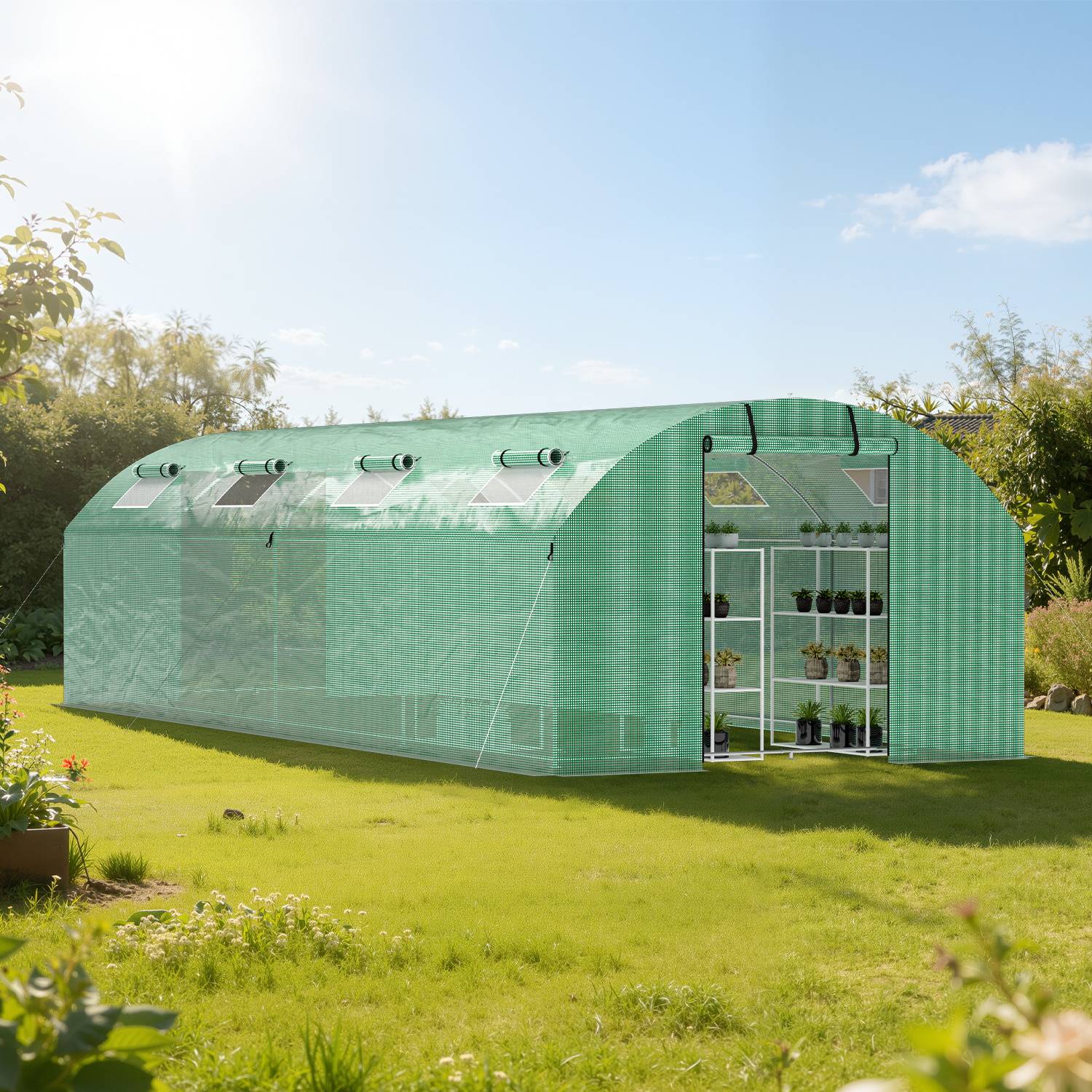 Gewächshaus Foliengewächshaus mit Verzinktrohrfundament 3 × 8 m - 24 m² inkl. Erdanker & 8 Aufrollbare Fenster mit Moskitonetz & 140 g/m² UV-best