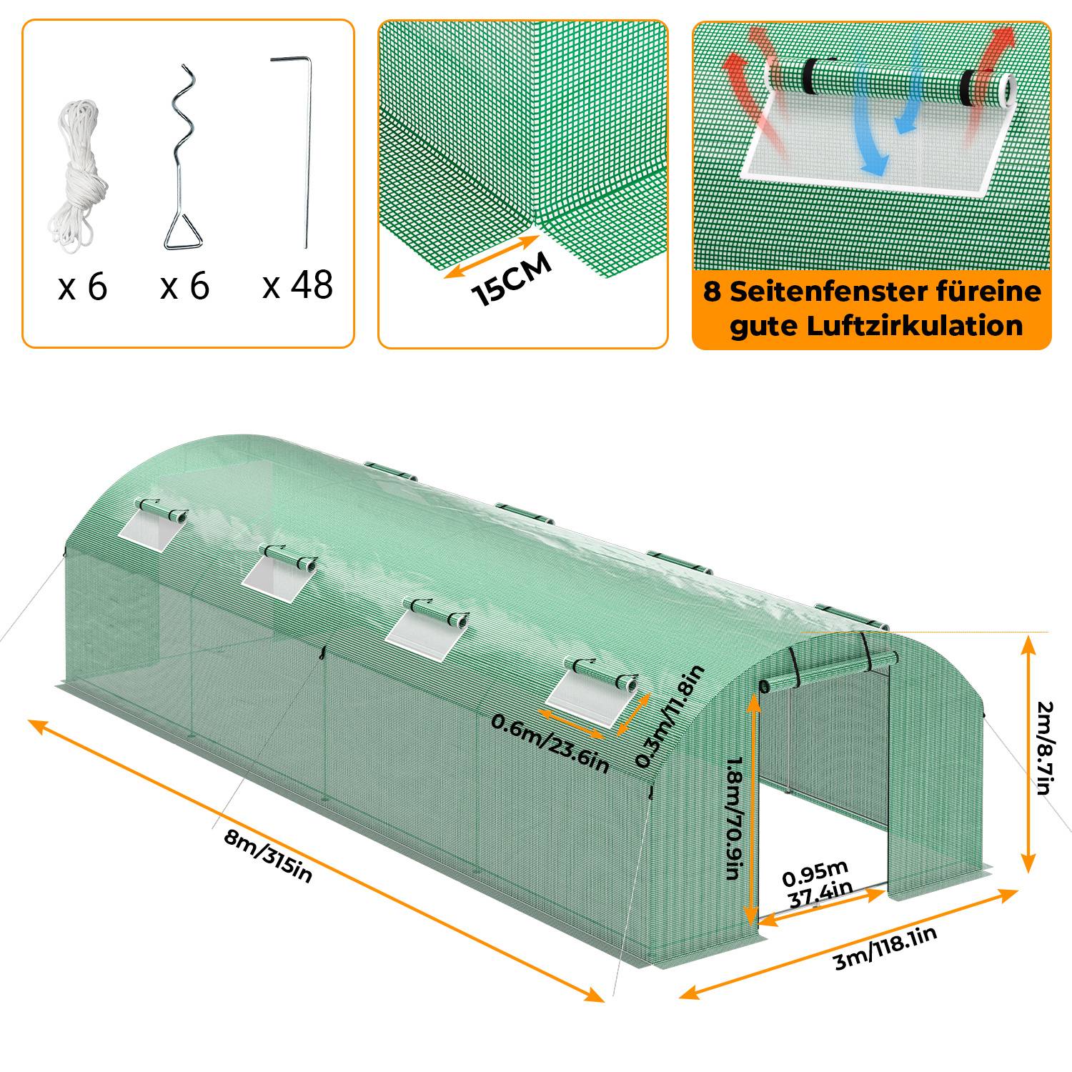 Gewächshaus Foliengewächshaus mit Verzinktrohrfundament 3 × 8 m - 24 m² inkl. Erdanker & 8 Aufrollbare Fenster mit Moskitonetz & 140 g/m² UV-best
