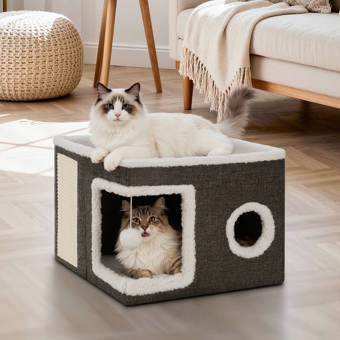 Katzenbetten Katzenhöhle Faltbar mit Kratzbrett & Spielball Katzenbett 2 Etagen Katzenbox waschbarem Kuschelhöhle