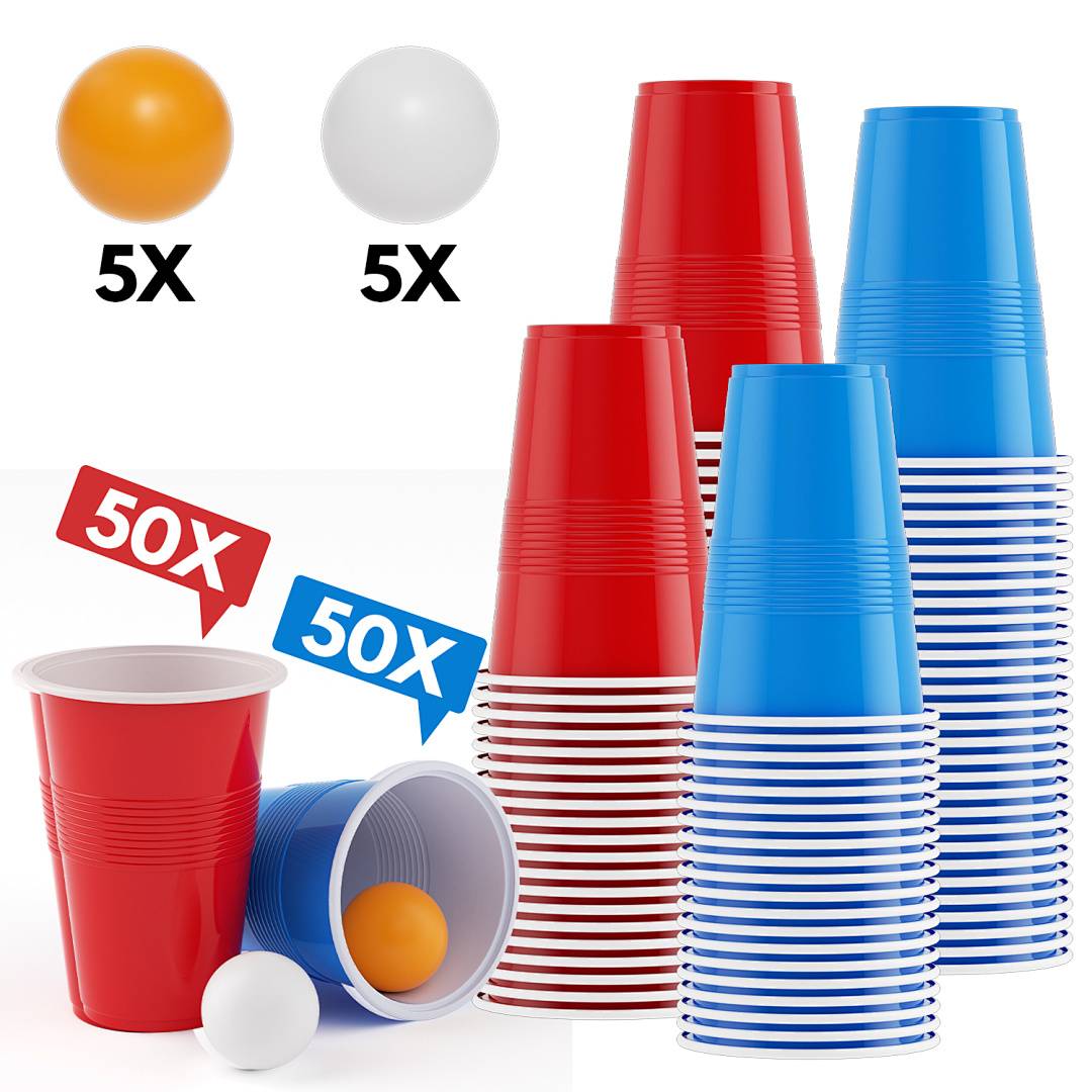 Bierpong Becher Set 100er, 50 Rot/Blau Beer Pong Becher Party Trinkspiel mit 10 Bällen Partybecher Trinkbecher 500ml/16.91oz