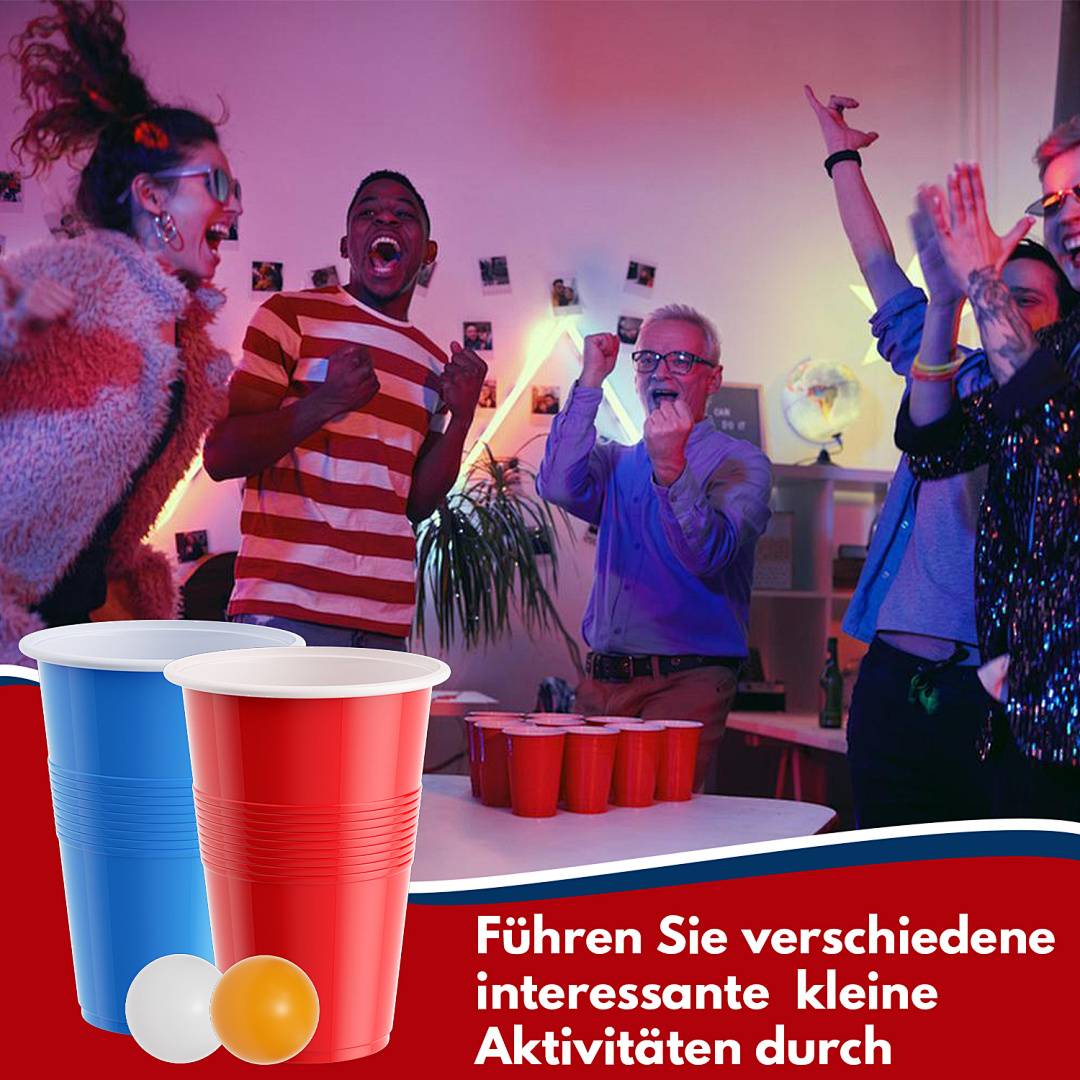 Bierpong Becher Set 100er, 50 Rot/Blau Beer Pong Becher Party Trinkspiel mit 10 Bällen Partybecher Trinkbecher 500ml/16.91oz