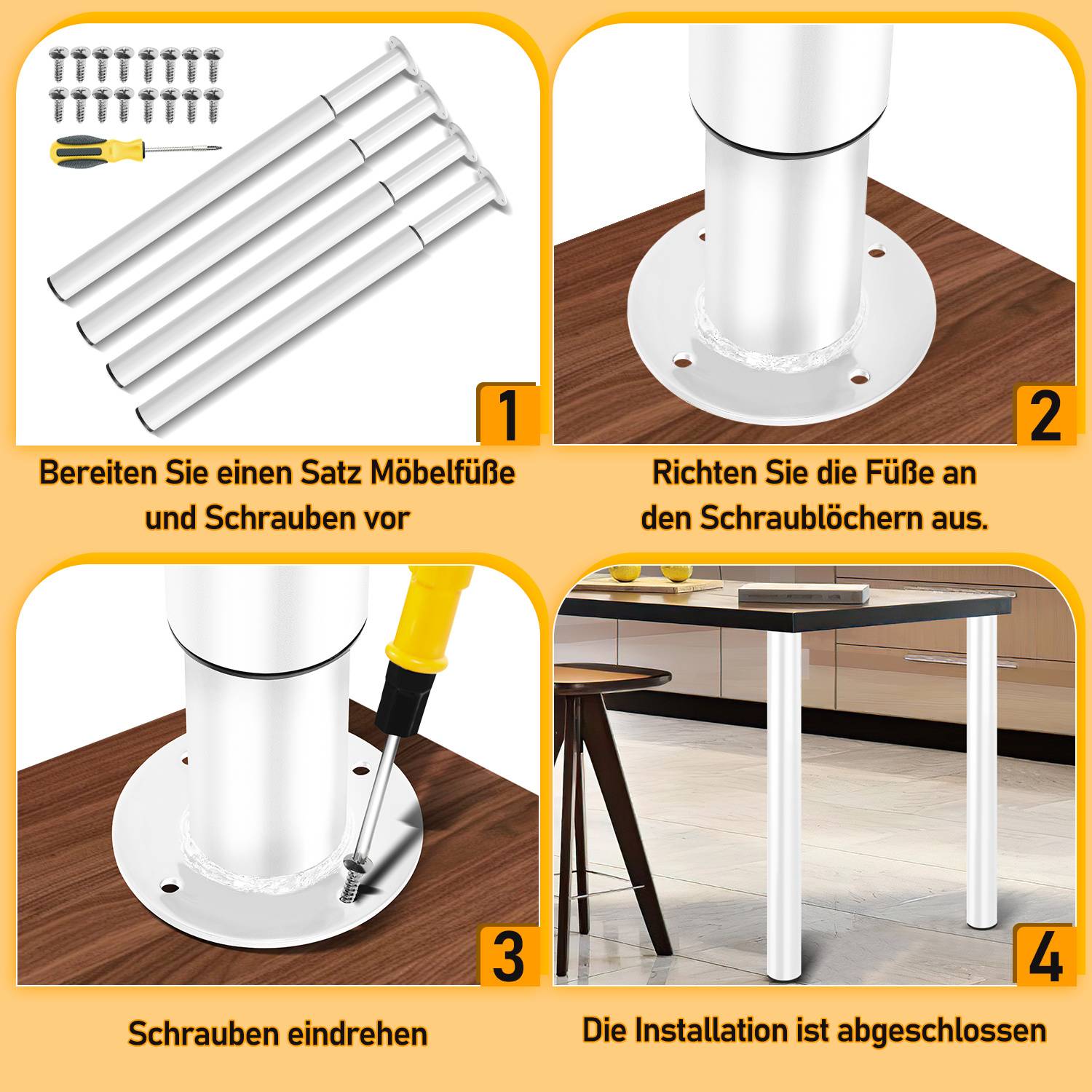 4 verstellbare Tischbeine aus Eisen in weißer Ausführung. Die Höhe ist flexibel von 70 bis 110 cm einstellbar. Geeignet für verschiedene Möbelst