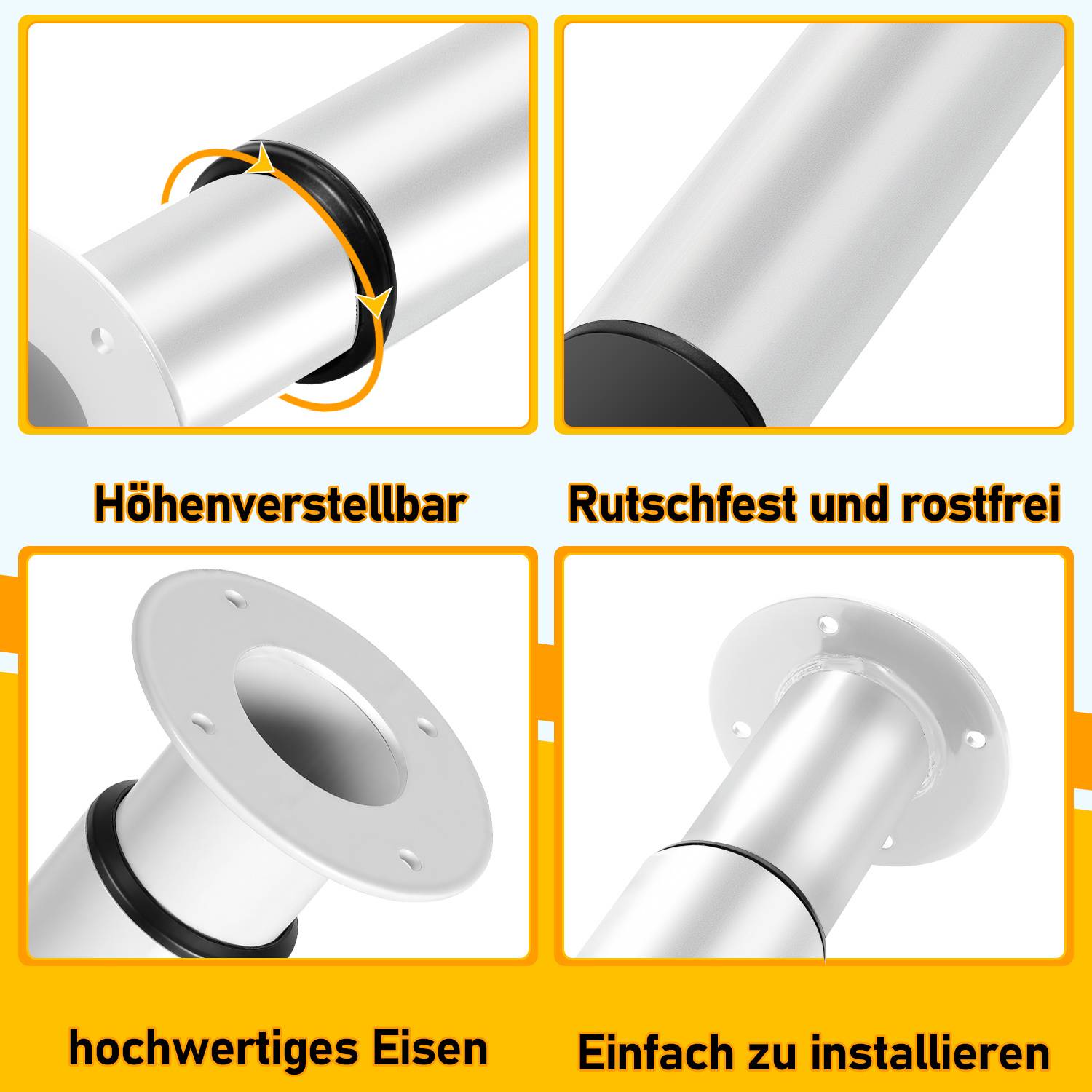 4 verstellbare Tischbeine aus Eisen in weißer Ausführung. Die Höhe ist flexibel von 70 bis 110 cm einstellbar. Geeignet für verschiedene Möbelst