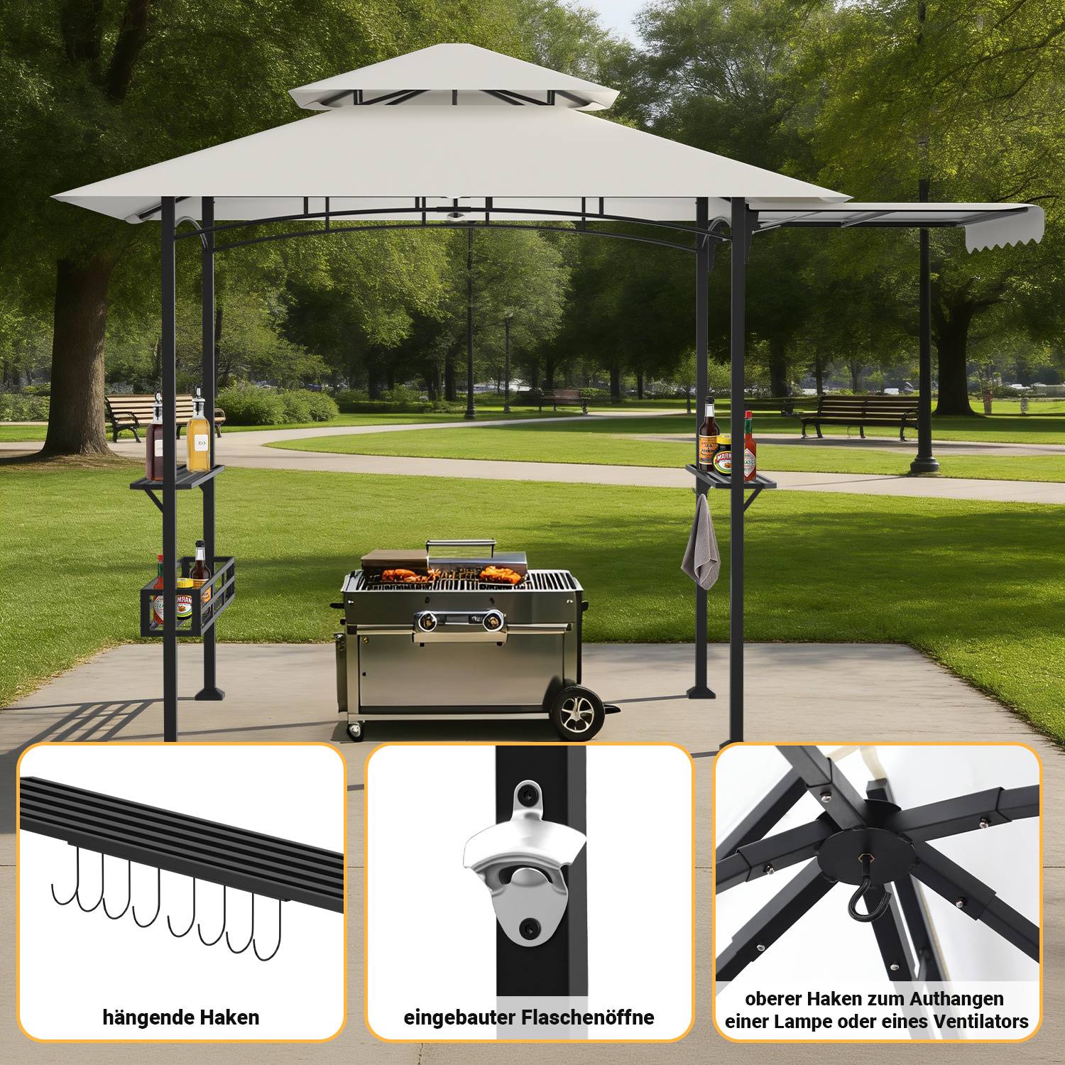 Grillpavillon wetterfest, Grillüberdachungen mit Seitenmarkise, Doppeldach, Seitenregalen, Haken & Flaschenöffner 238 x 148 x 250 cm,Beige