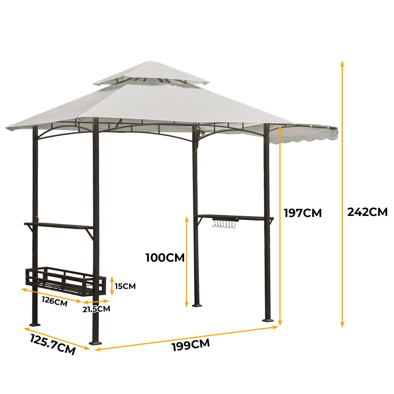 Grillpavillon wetterfest, Grillüberdachungen mit Seitenmarkise, Doppeldach, Seitenregalen, Haken & Flaschenöffner 238 x 148 x 250 cm,Beige