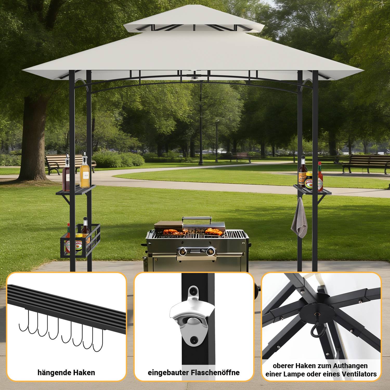 Grillpavillon mit Doppeldach, Seitenregalen, Metallkorb, Haken und Flaschenöffner, Grillüberdachungen wetterfest, Grillunterstand für Garten, Auße