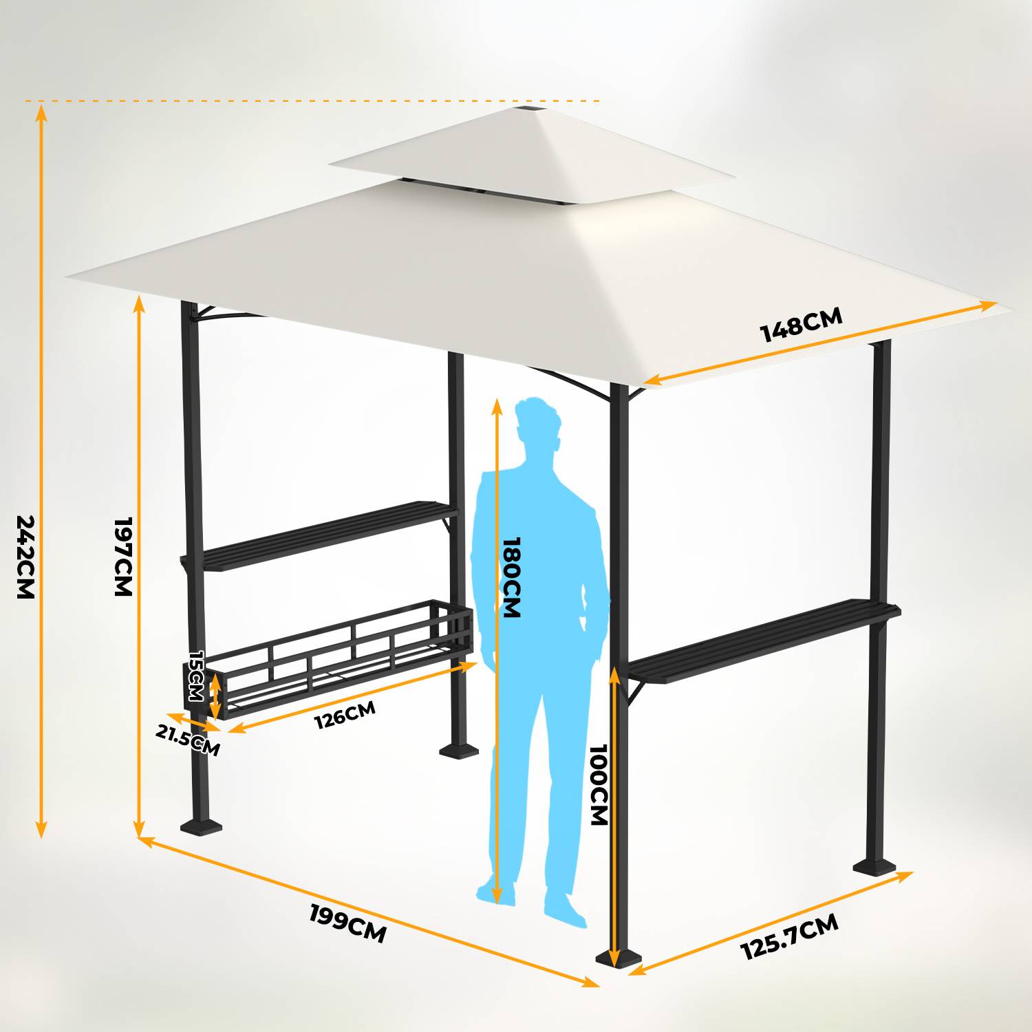 Grillpavillon mit Doppeldach, Seitenregalen, Metallkorb, Haken und Flaschenöffner, Grillüberdachungen wetterfest, Grillunterstand für Garten, Auße