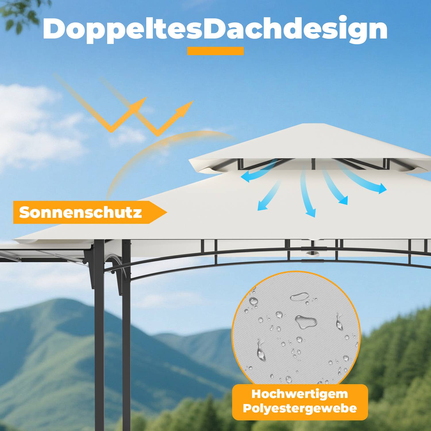 Grillpavillon wetterfest, Grillüberdachungen mit Seitenmarkise, Doppeldach, Seitenregalen, Haken & Flaschenöffner 238 x 148 x 250 cm,Beige