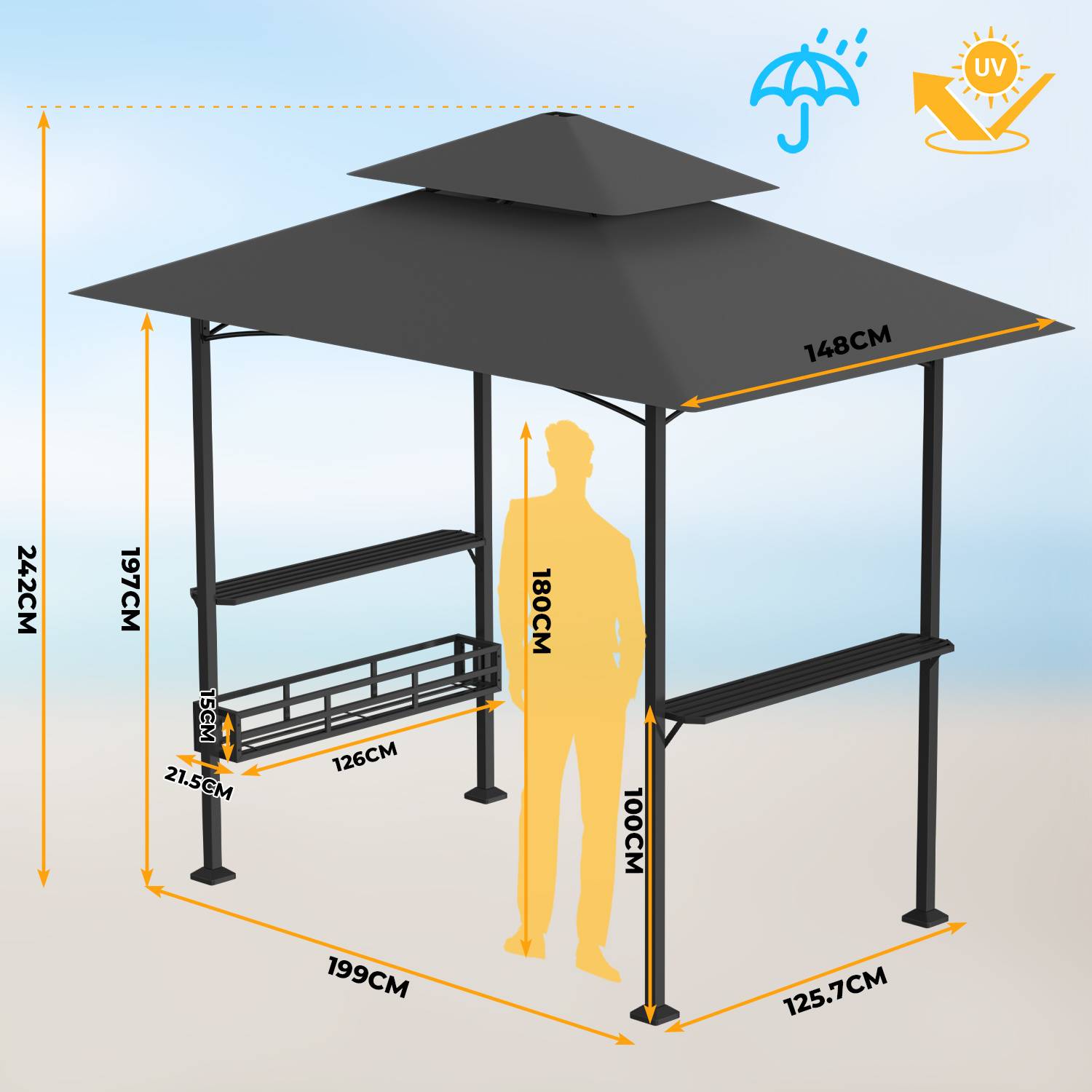 Grillpavillon mit Doppeldach, Seitenregalen, Metallkorb, Haken und Flaschenöffner, Grillüberdachungen wetterfest, Grillunterstand für Garten, Auße