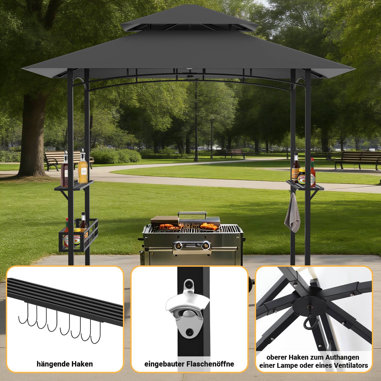 Grillpavillon mit Doppeldach, Seitenregalen, Metallkorb, Haken und Flaschenöffner, Grillüberdachungen wetterfest, Grillunterstand für Garten, Auße