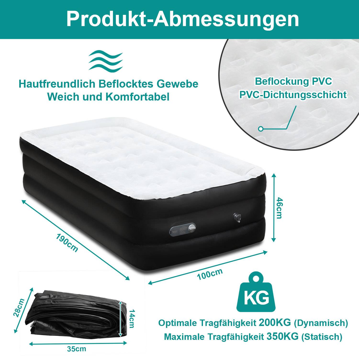 Premium Luftbett 190X100X46cm Luftmatratze selbstaufblasend Pumpe Gästebett Reisebett Notbett Campingbett Einzelbett