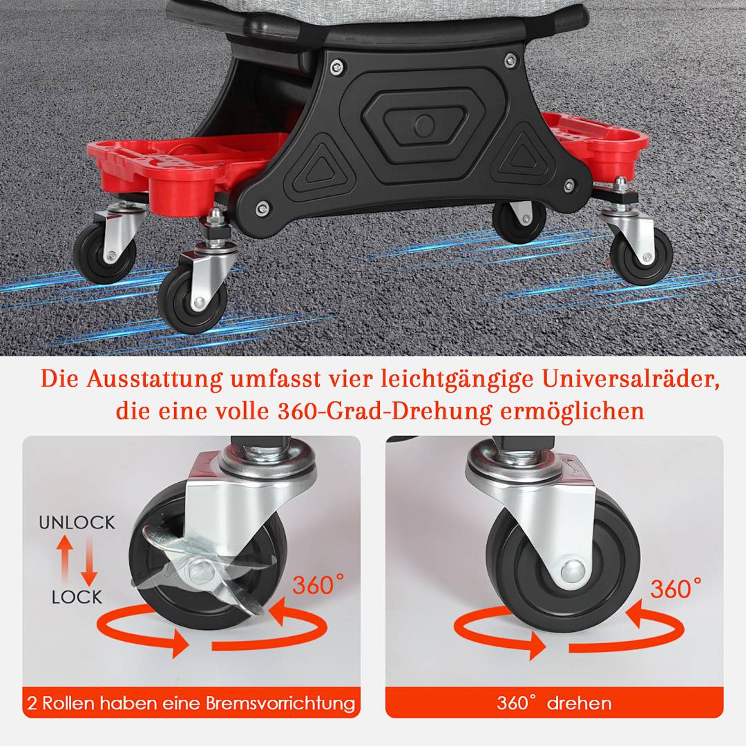 Werkstatthocker Werkstatt Rollsitz 185 kg über eine abnehmbare Sitzfläche Arbeitshocker mit Ablage für Werkzeug Garagehocker