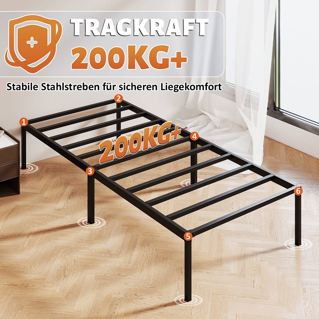 Bettgestell Metallbett 90x200cm geräuscharm hochtragfähig Bettrahmen klappbar Metallbett Einzelbett