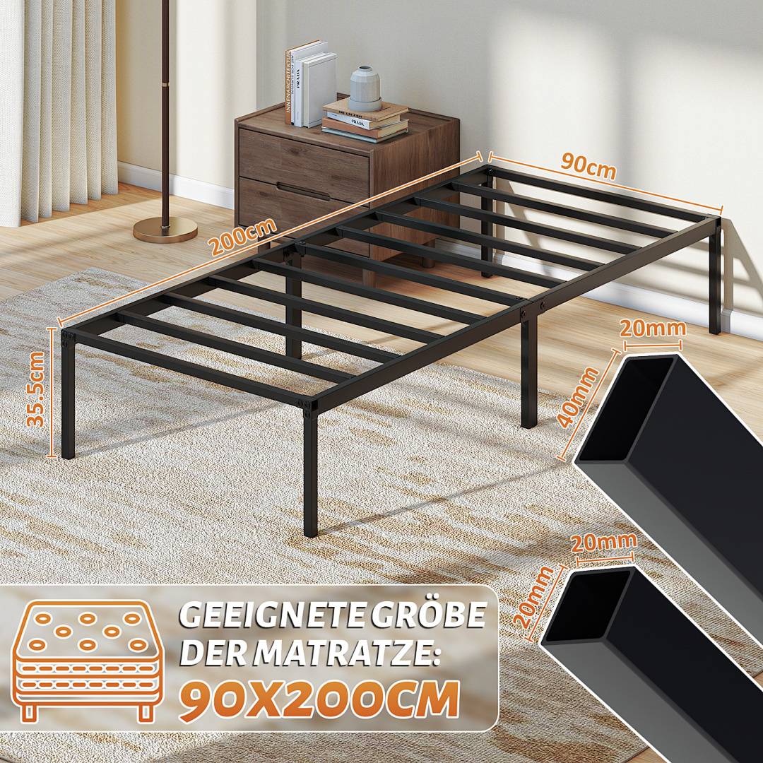 Bettgestell Metallbett 90x200cm geräuscharm hochtragfähig Bettrahmen klappbar Metallbett Einzelbett