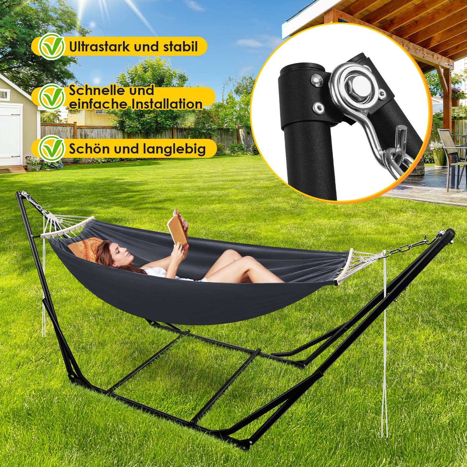 Hängematte mit Gestell Hängesessel Hängemattengestell Stabhängematte bis 150kg Hängesitz Gartenmöbel Doppelhängematte