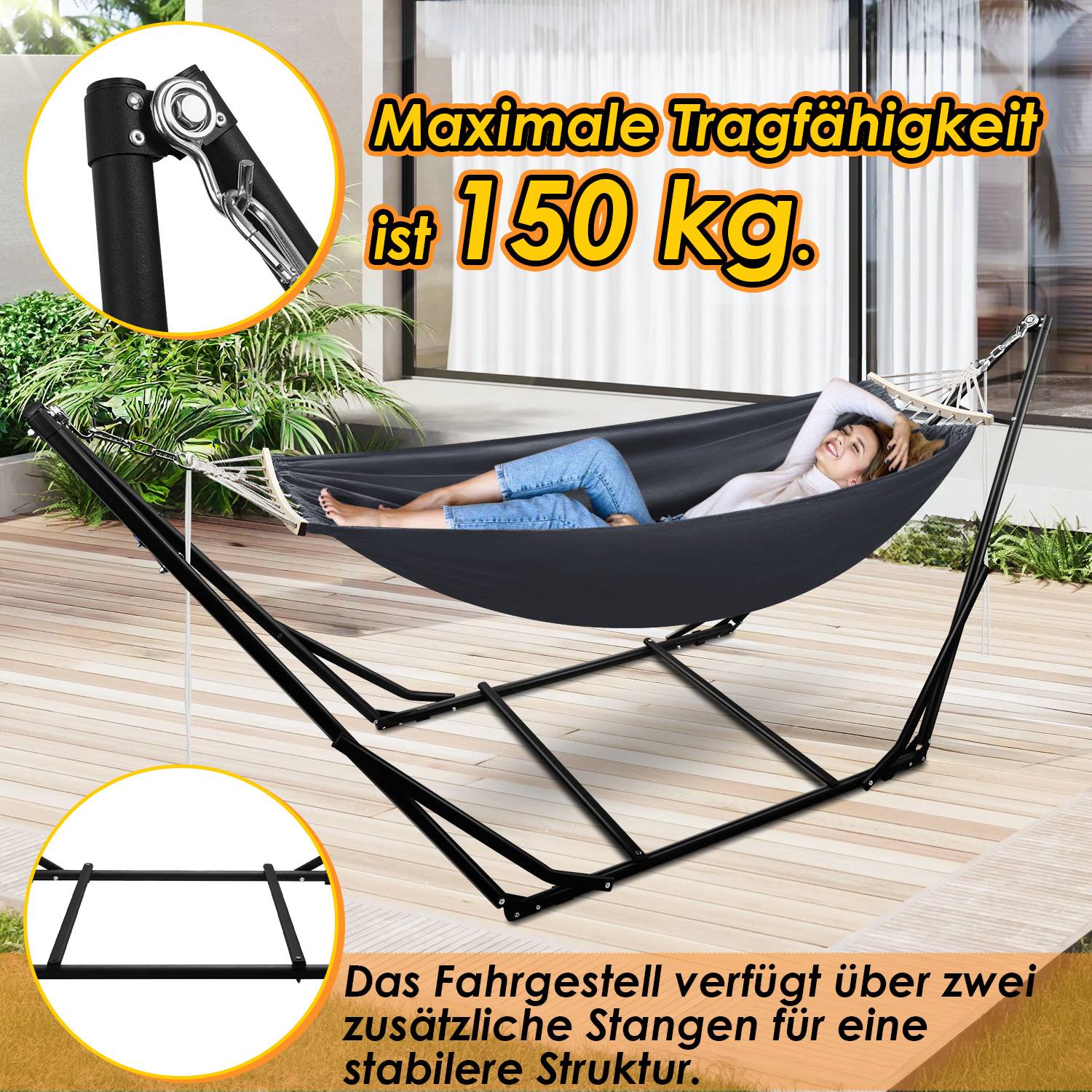 Hängematte mit Gestell Hängesessel Hängemattengestell Stabhängematte bis 150kg Hängesitz Gartenmöbel Doppelhängematte