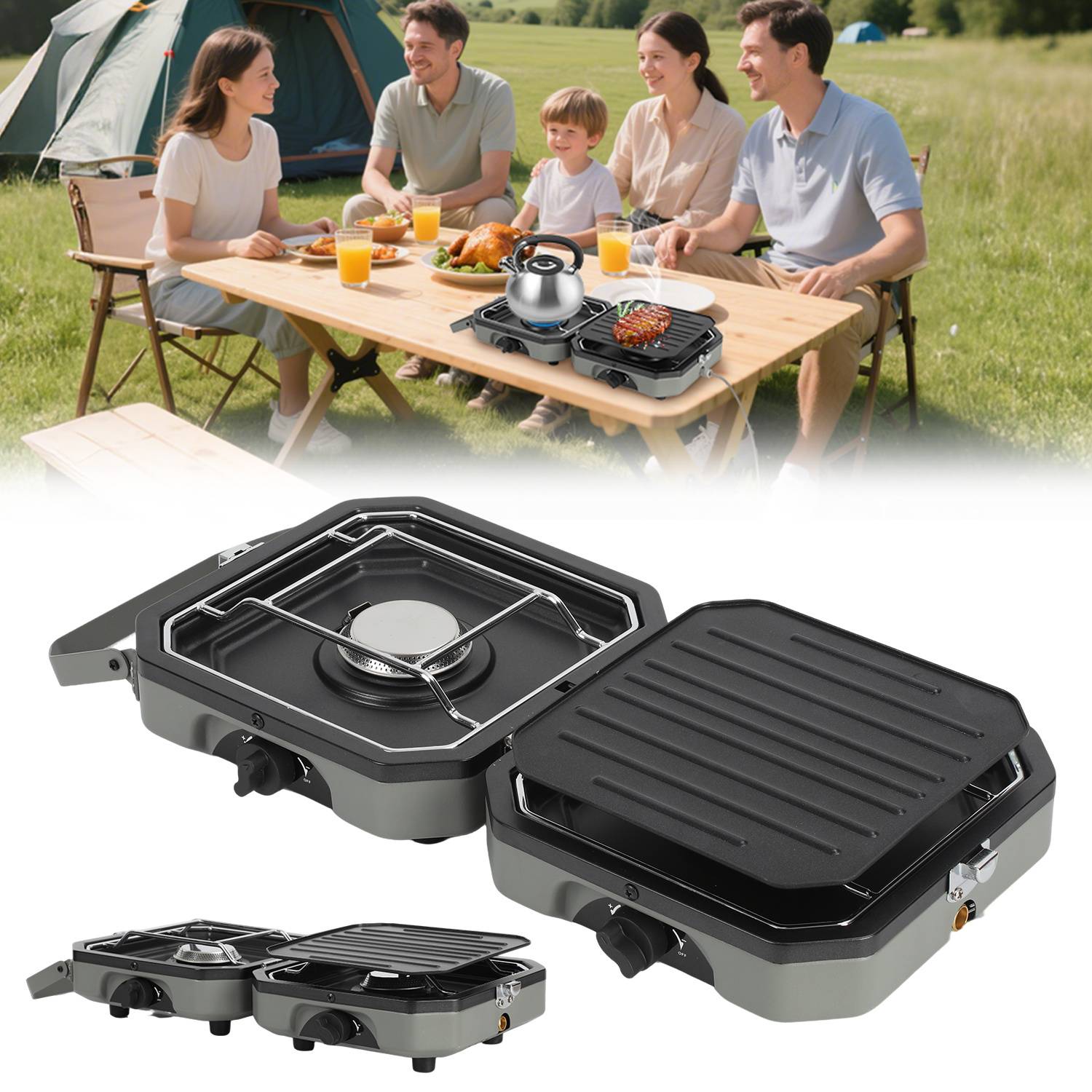 Campingkocher 2in1 Camping-Kocher Faltbarer Gasgrill Kocher Camping Herd Outdoor Gaskartuschen