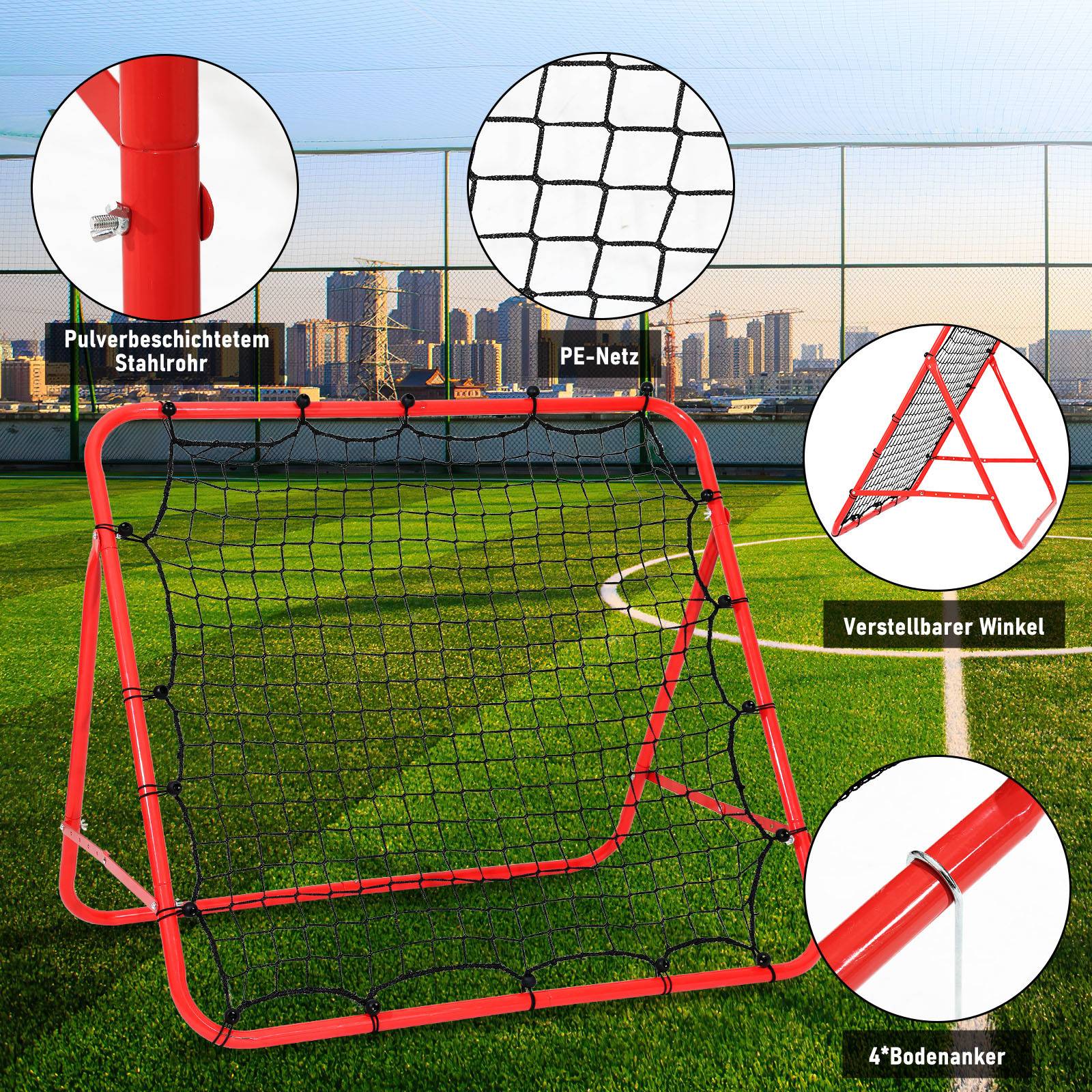Fußball-Rückprallnetz mit Stahlrohrrahmen, verstellbarer Neigungswinkel, PE-Netz, Rebounder für Pass-, Schuss- und Reaktionstraining, Rot, 103 x 10