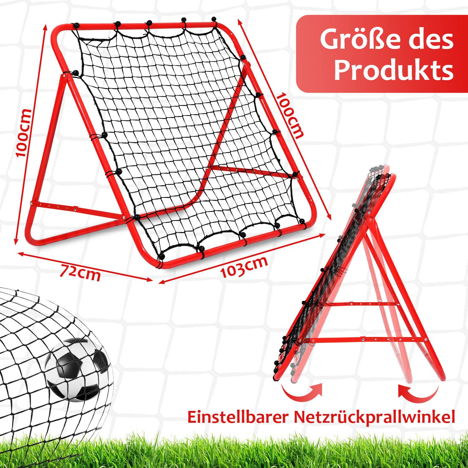 Fußball-Rückprallnetz mit Stahlrohrrahmen, verstellbarer Neigungswinkel, PE-Netz, Rebounder für Pass-, Schuss- und Reaktionstraining, Rot, 103 x 10