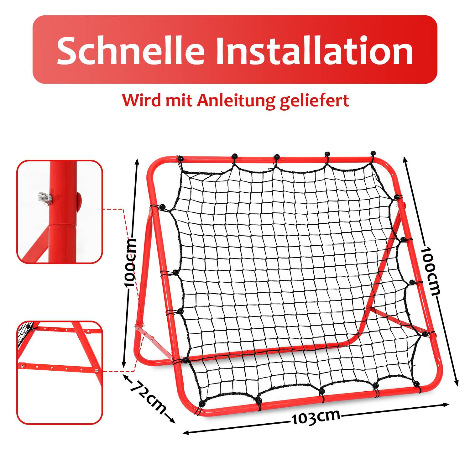 2er Set Fußball-Rückprallnetz mit Stahlrohrrahmen, verstellbarer Neigungswinkel, PE-Netz, Rebounder für Pass-, Schuss- und Reaktionstraining, Rot