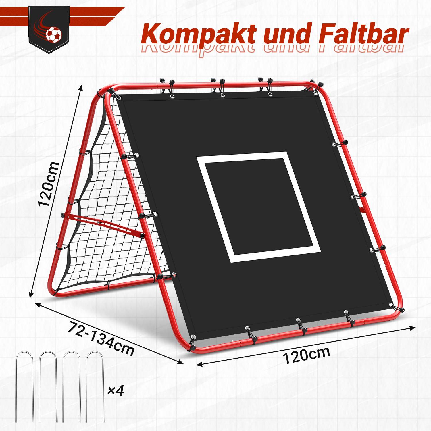 Doppelseitiges Fußball-Rückprallnetz 120 x 120 cm mit 420D-Zielplane, verstellbarer Winkel, klappbar, Trainingsnetz für Garten und Fußballtraining