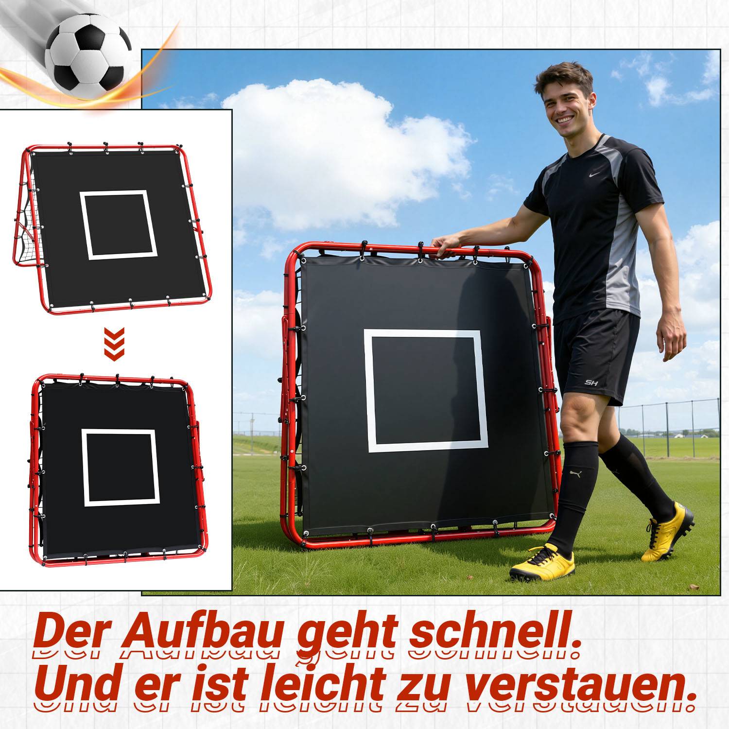 Doppelseitiges Fußball-Rückprallnetz 120 x 120 cm mit 420D-Zielplane, verstellbarer Winkel, klappbar, Trainingsnetz für Garten und Fußballtraining