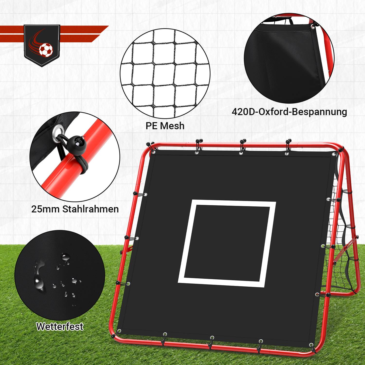 Doppelseitiges Fußball-Rückprallnetz 120 x 120 cm mit 420D-Zielplane, verstellbarer Winkel, klappbar, Trainingsnetz für Garten und Fußballtraining