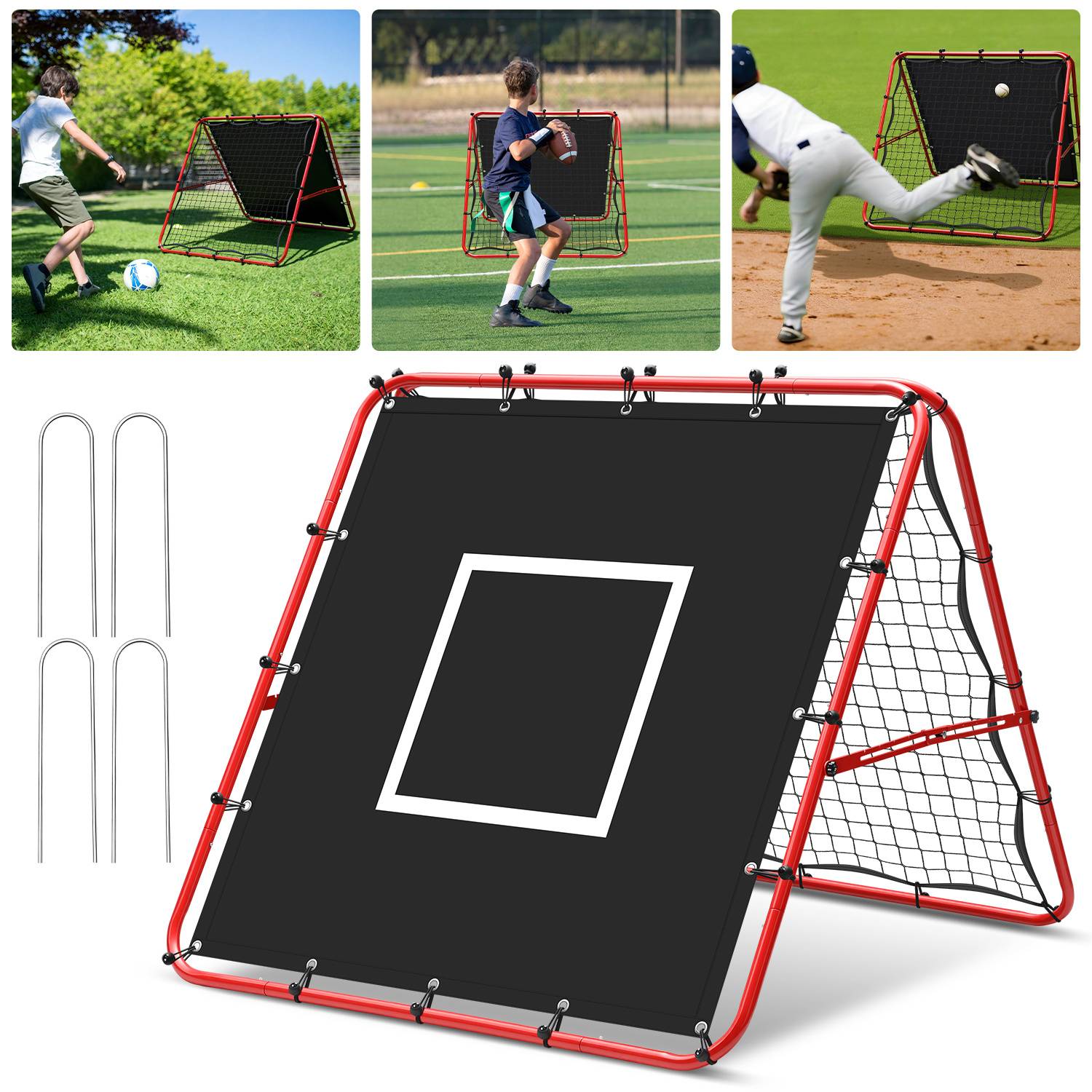 2er Set doppelseitiges Fußball-Rückprallnetz 120 x 120 cm mit 420D-Zielplane, verstellbarer Winkel, klappbar, Trainingsnetz für Garten und Fußball