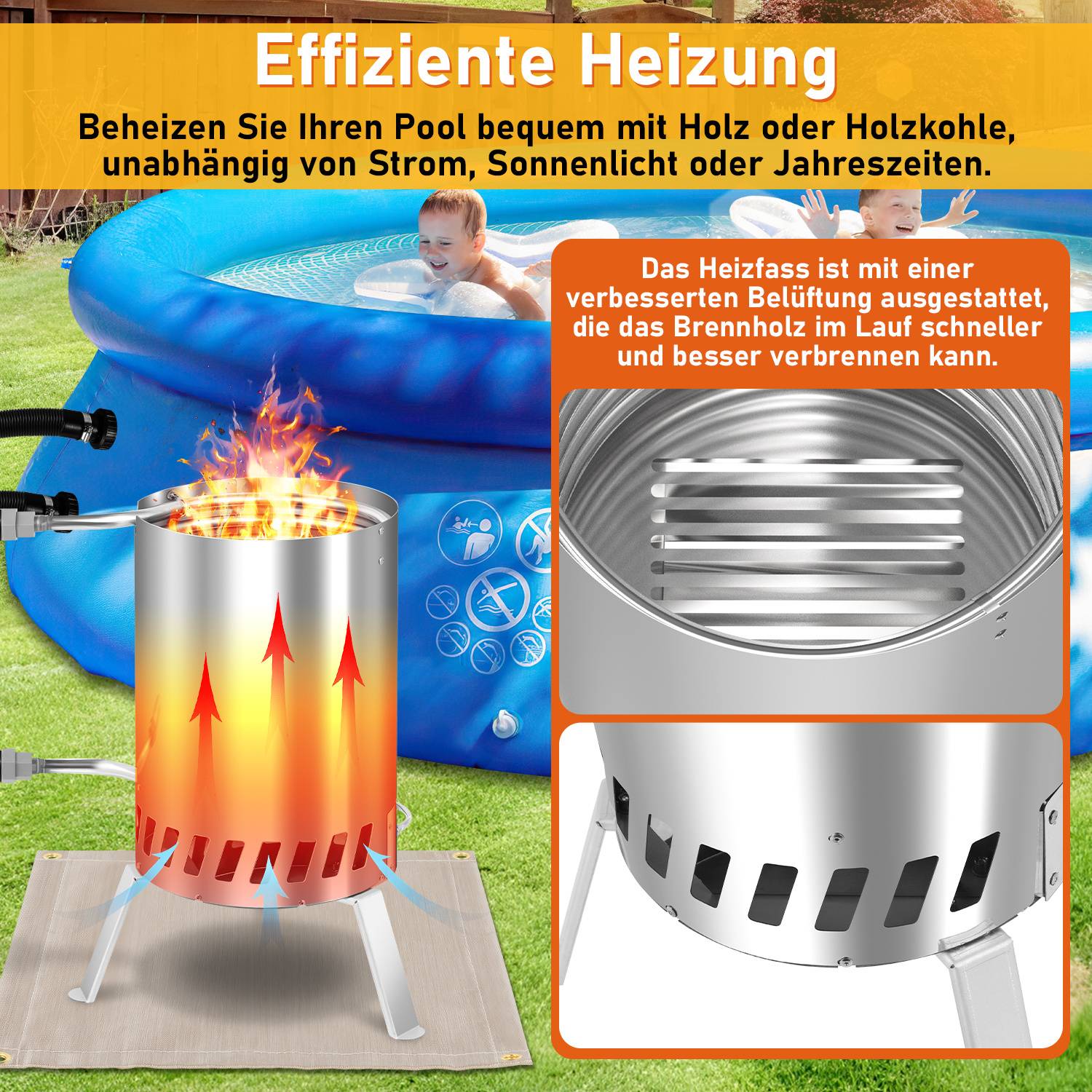 Poolheizung mit Feuer Edelstahl 304 für 32-38 mm Schlauch