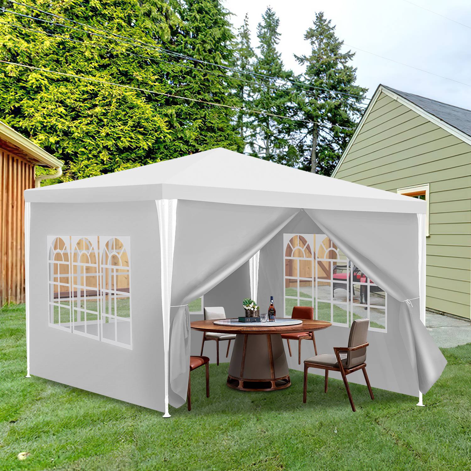 3 x 3 m Garten Pavillon tragbares wasserdichtes Zelt mit Seitenteilen, weiß für Camping / Garten / Hochzeit / Strand
