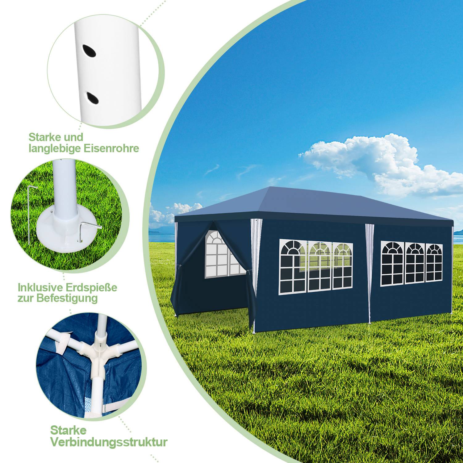 3 x 6 m Garten Pavillon tragbares wasserdichtes Zelt mit Seitenteilen, blau für Camping / Garten / Hochzeit / Strand