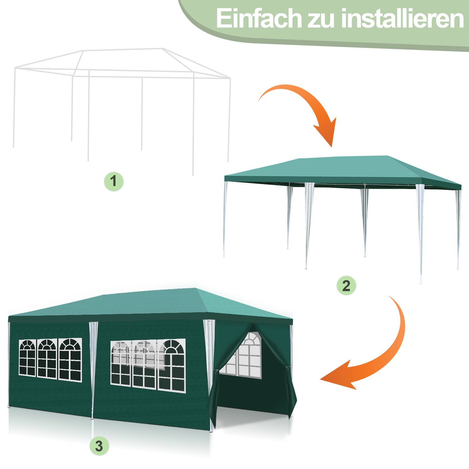 3 x 6 m Garten Pavillon tragbares wasserdichtes Zelt mit Seitenteilen, grün für Camping / Garten / Hochzeit / Strand