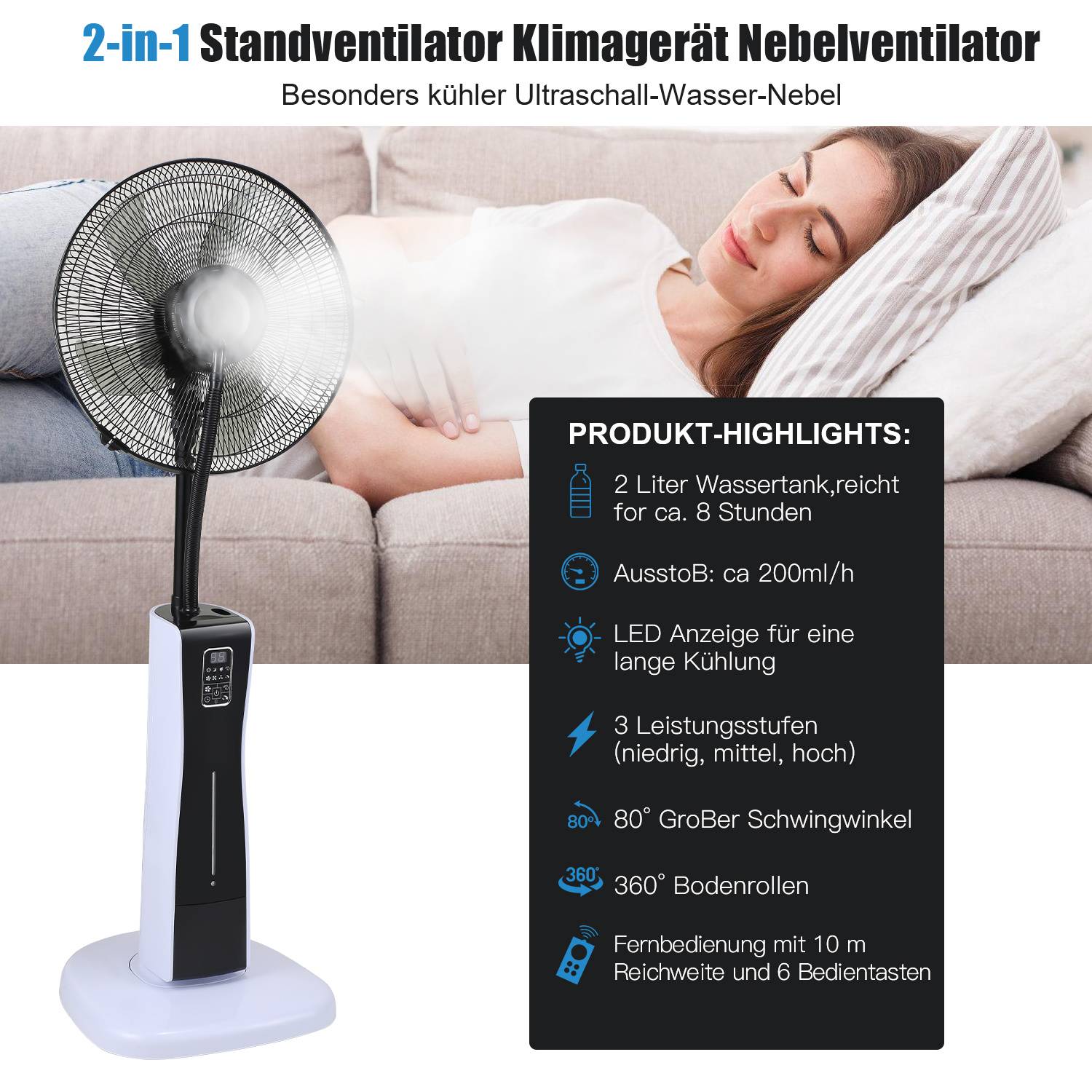 Standventilator Ventilator mit Nebelfunktion 75 W Fernbedienung leise Luftbefeuchter Luftkühler Wasser 2 in 1
