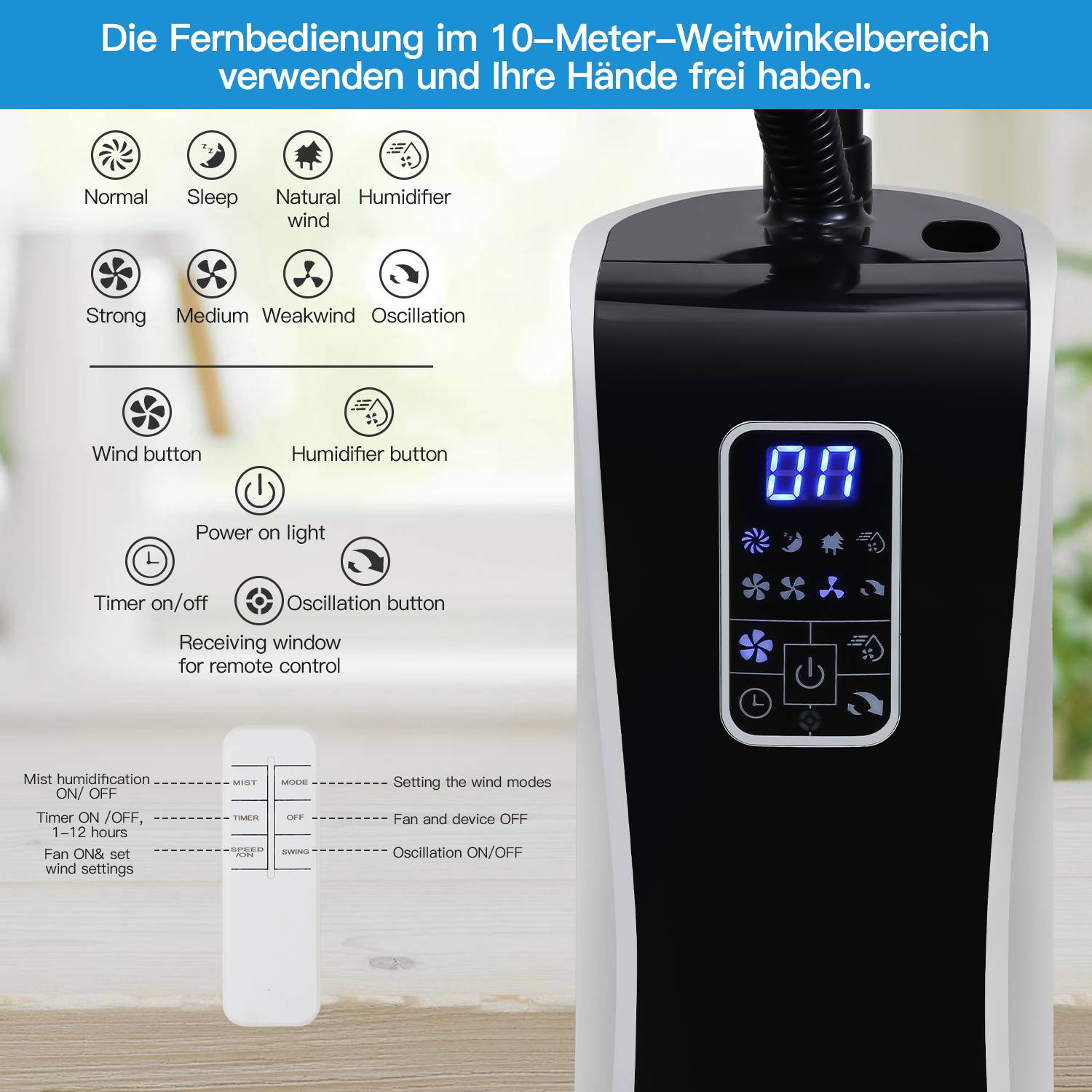 Standventilator Ventilator mit Nebelfunktion 75 W Fernbedienung leise Luftbefeuchter Luftkühler Wasser 2 in 1