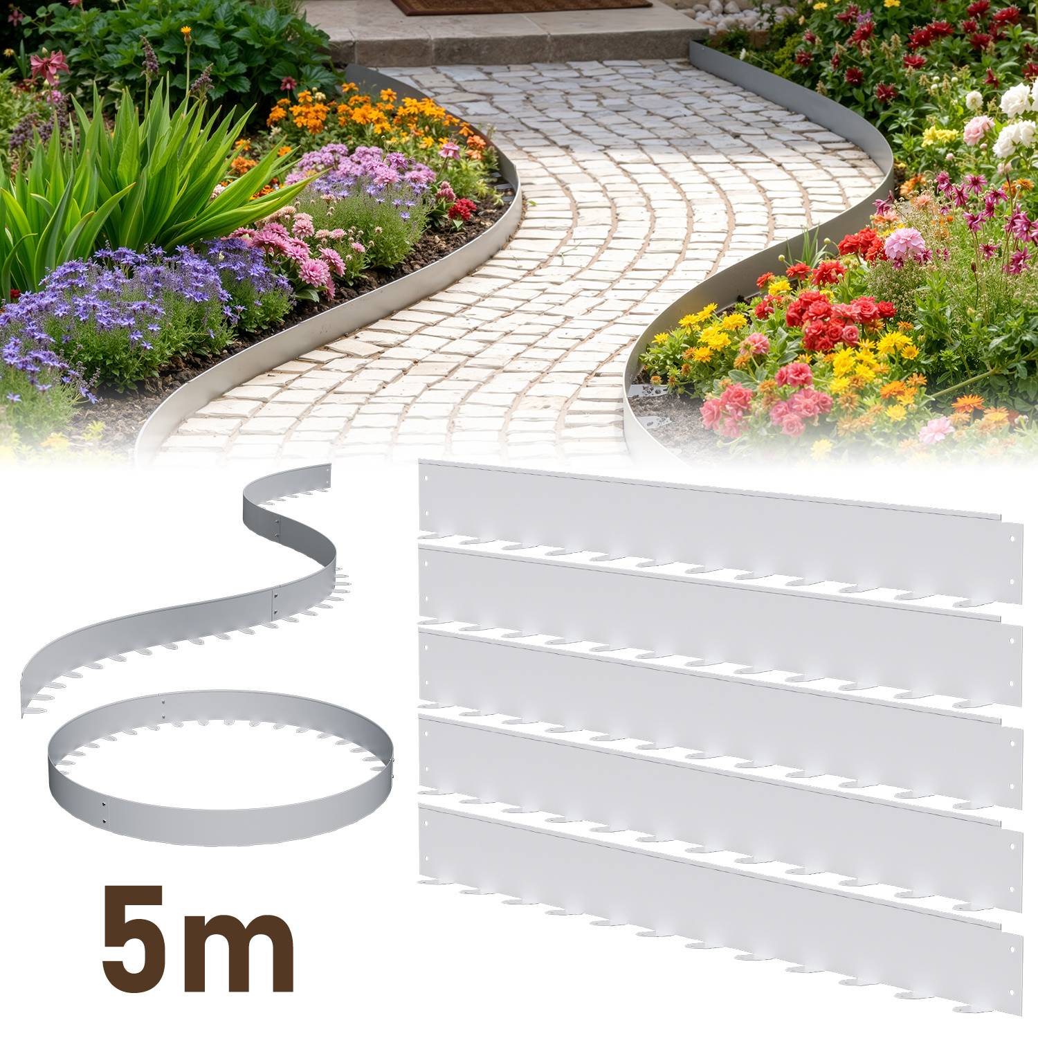 Flexible Rasenkante 100x5 cm, 5m Set (5 Stück) - Mähkante & Beetumrandung aus Stahl, inkl. Befestigungsheringe für Pflastersteine & Gartengestaltun