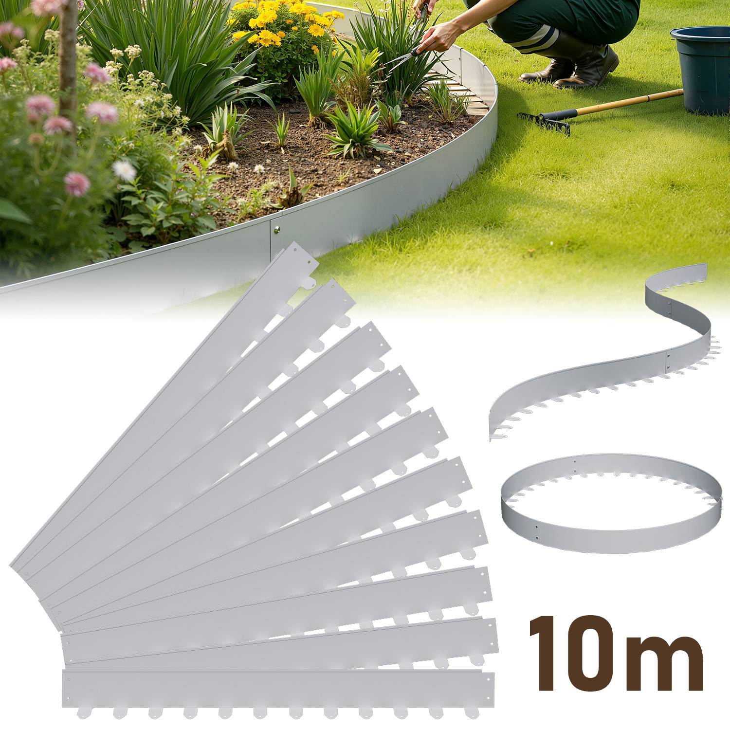 Flexible Rasenkante 100x5 cm, 10m Set (10 Stück) - Mähkante & Beetumrandung aus Stahl, inkl. Befestigungsheringe für Pflastersteine & Gartengestalt