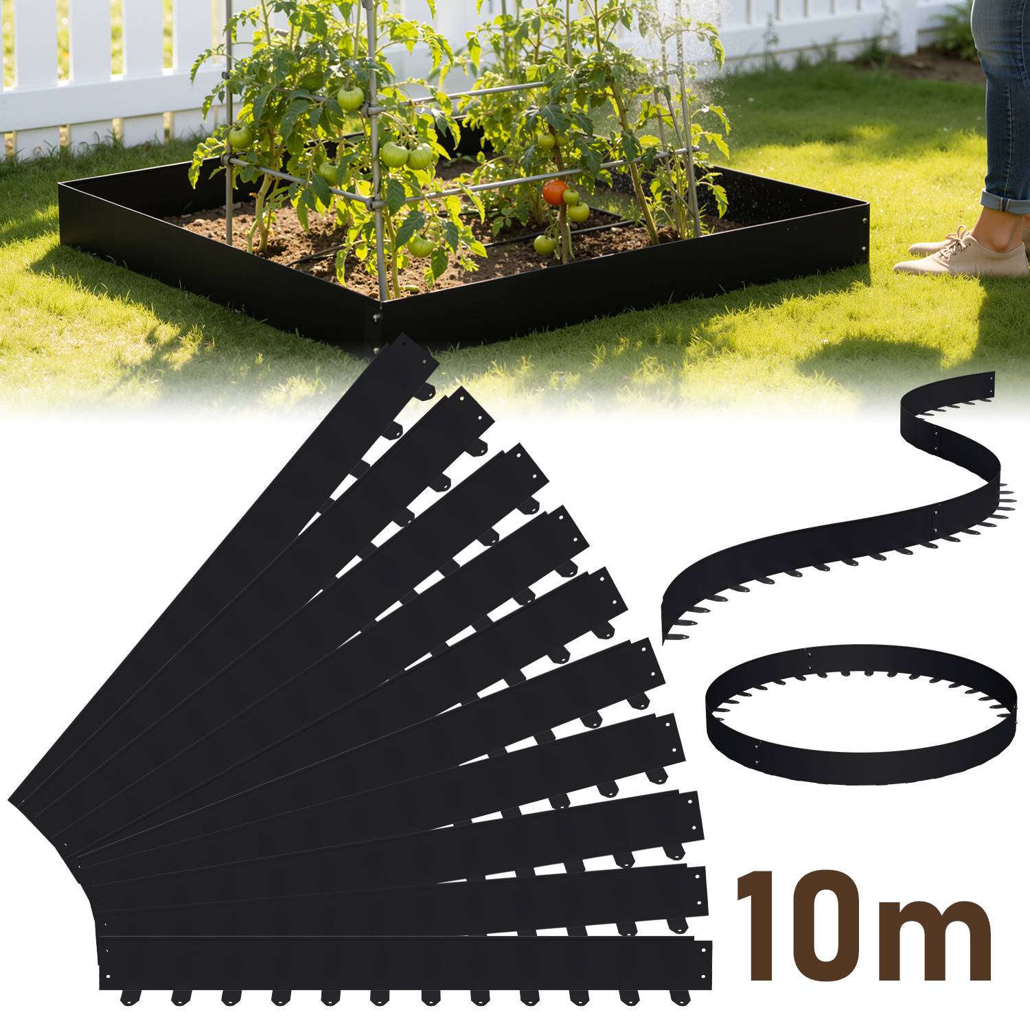 Flexible Rasenkante 100x5 cm, 10m Set (10 Stück) - Mähkante & Beetumrandung aus Stahl, inkl. Befestigungsheringe für Pflastersteine & Gartengestalt
