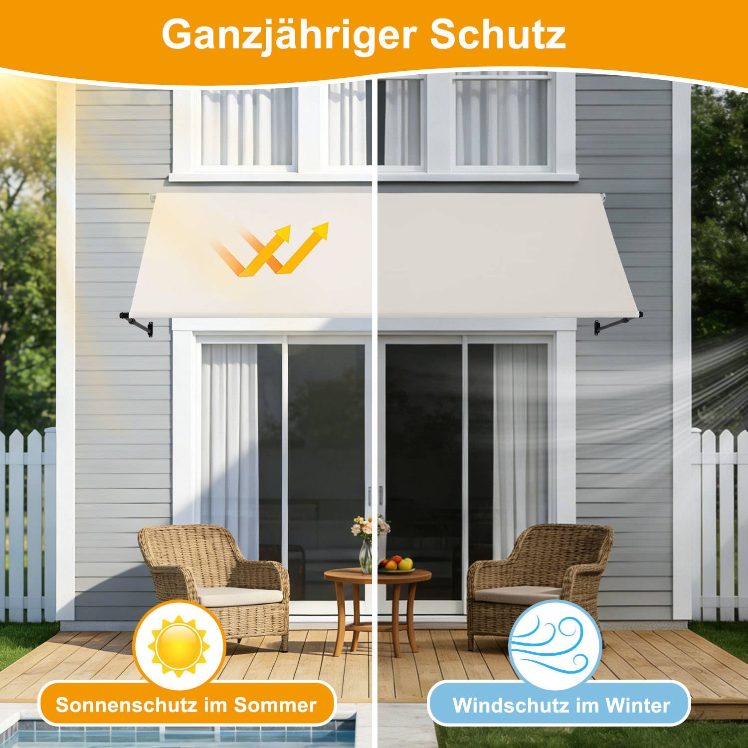 Markise Einziehbar Fenstermarkise Balkonmarkise Creme 300 x 150 cm mit Kordel Stoff und Stahl
